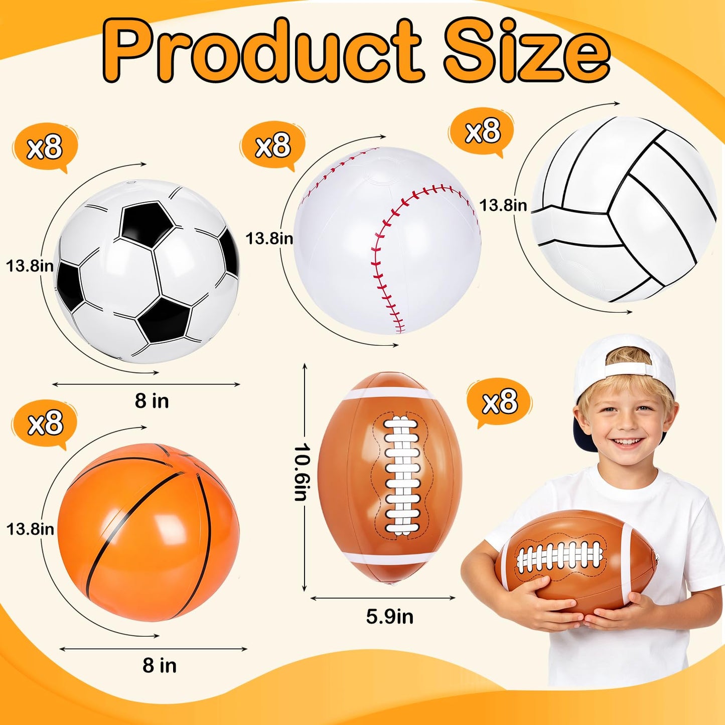 40 Pieces Inflatable Sports Beach Balls, 8 in Inflatable Ball Basketball, Baseball, Football, Soccer, Volleyball Beach Balls for Summer Pool Game Sports Themed Party Decorations Birthday Party Favors