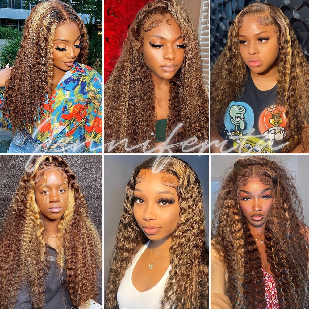 26inch Wear and Go Glueless Deep Wave 4/27 Highlight HD Transparent Lace Front Wigs Human Hair Wet and Wavy Curly Lace Frontal Wigs Pre Plucked with Baby Hair 200% Density