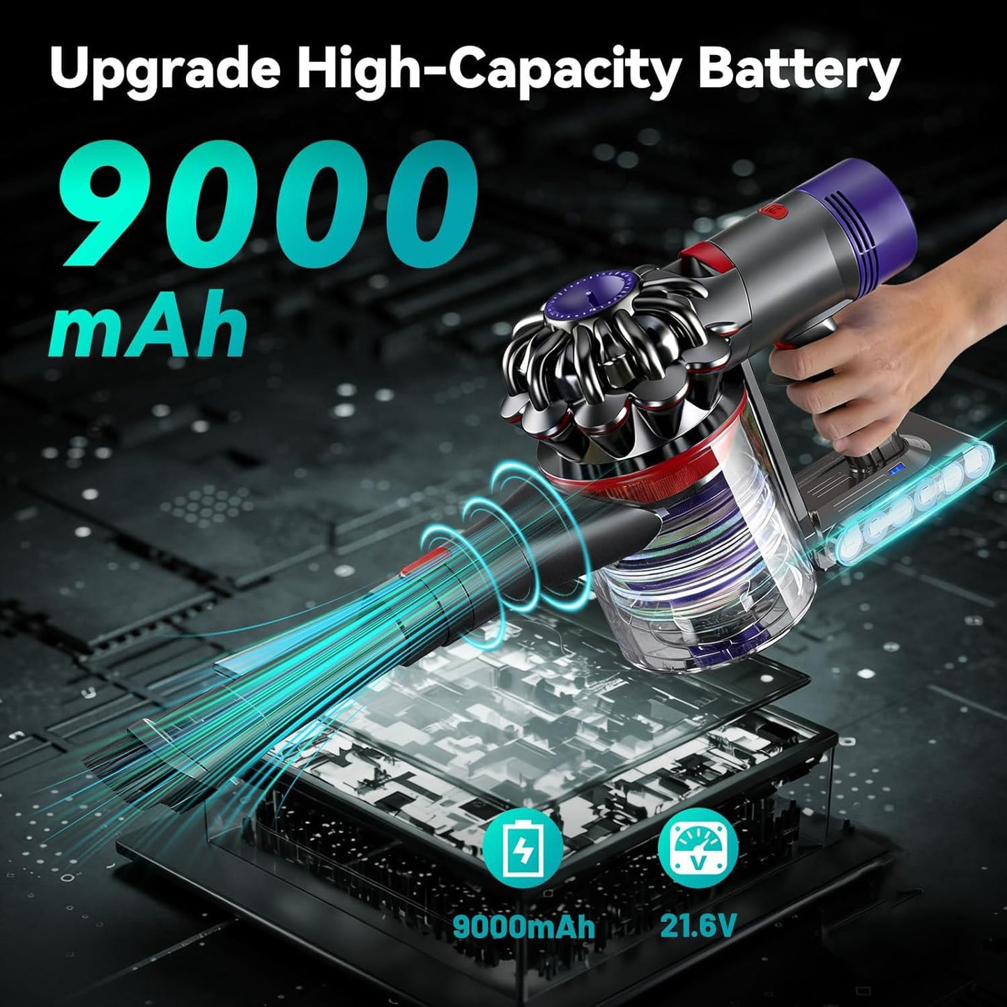 9000mAh Battery Replacement Compatible with Dyson V-8 Battery 21.6V - Compatible with Animal/ Absolute/ Motorhead/ Fluffy/ Trigger/ SV-10 Vacuum Cleaner with 2 Filters + Cleaning Brush + Screwdriver
