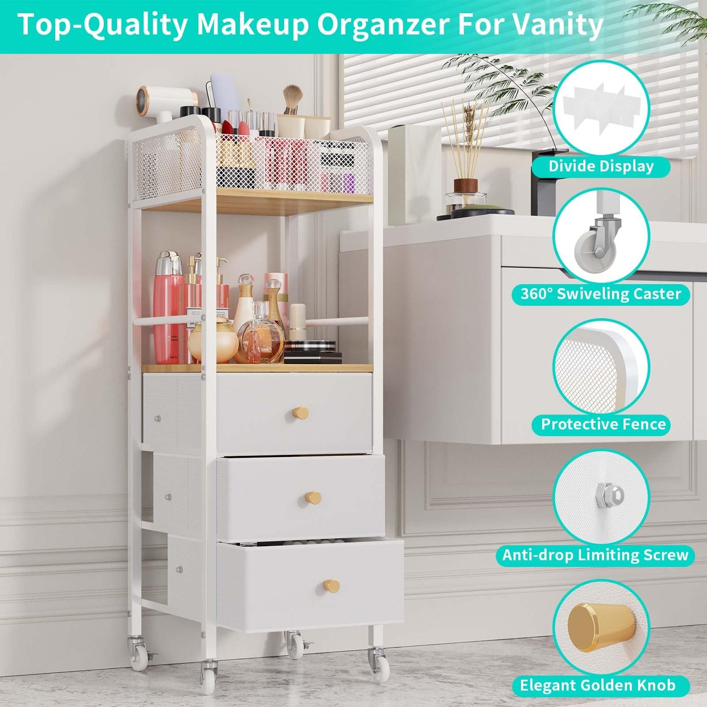 HapiRm Rolling Makeup Cart Organizer - Floor Skincare Make Up Storage with 3 Non-woven Fabric Drawers, Vanity Organizer Cosmetic Display Cases Holder for Skin Care Perfume Nail Polish Brush Hair Tool