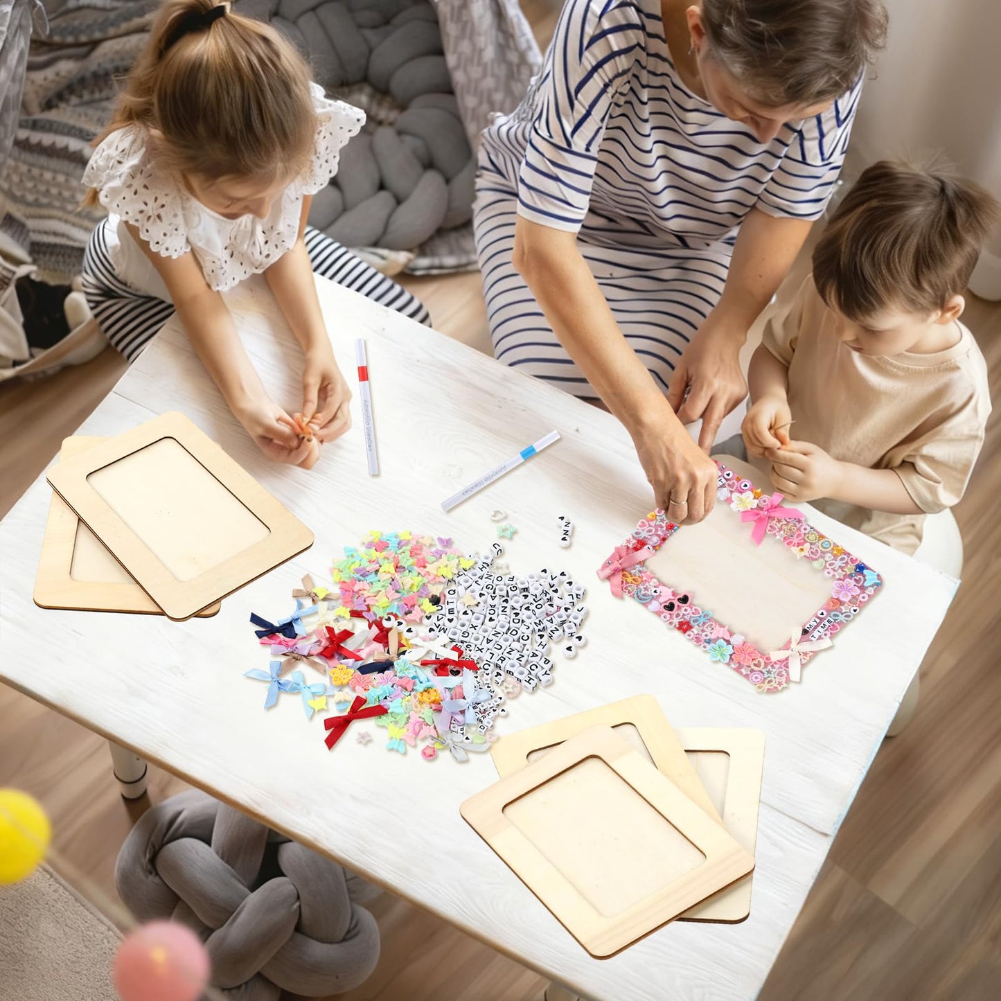 Suncalla DIY Wooden Picture Frames Craft Kit 4 x 6 Inch Wooden Picture Frames with Acrylic Pens Beads Mini Charms Gem Stickers Glitter for Christmas Crafts DIY Birthday Wedding(10 Pcs,Classic)