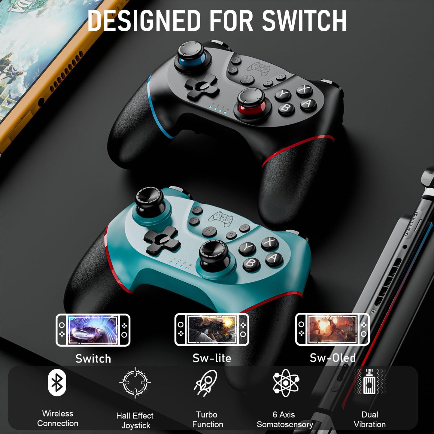 Diswoe Switch Controllers, 2 Pack Wireless Pro Controller for Switch 2/Lite/OLED with Mappable Buttons, Hall Effect Gaming Controller for PC/Android with Motion Control/Vibration/Turbo/Wake Up