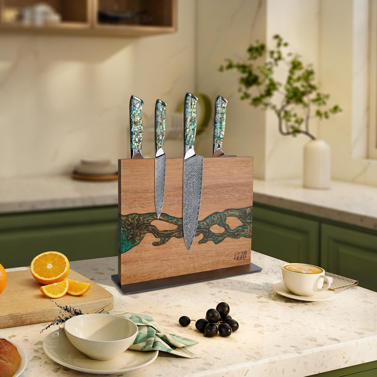 FINDKING Magnetic Knife Block, Double-Sided Knife Holder with Strong Magnets, Acacia Wood and Golden Green Resin, Countertop Kitchen Knife Storage Stand (12 × 10 Inches, Without Knives)