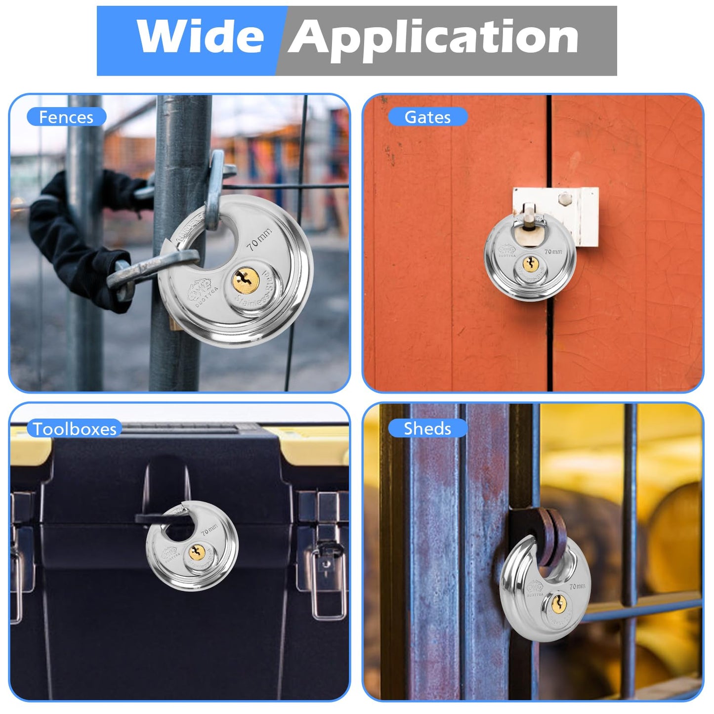 DuoTyga Discus Keyed Alike Padlock, 2-3/4 Inch Wide, Heavy Duty Stainless Steel Outdoor Disc Lock with Key for Storage Unit, Garages, Fence and Sheds, 10 Pack