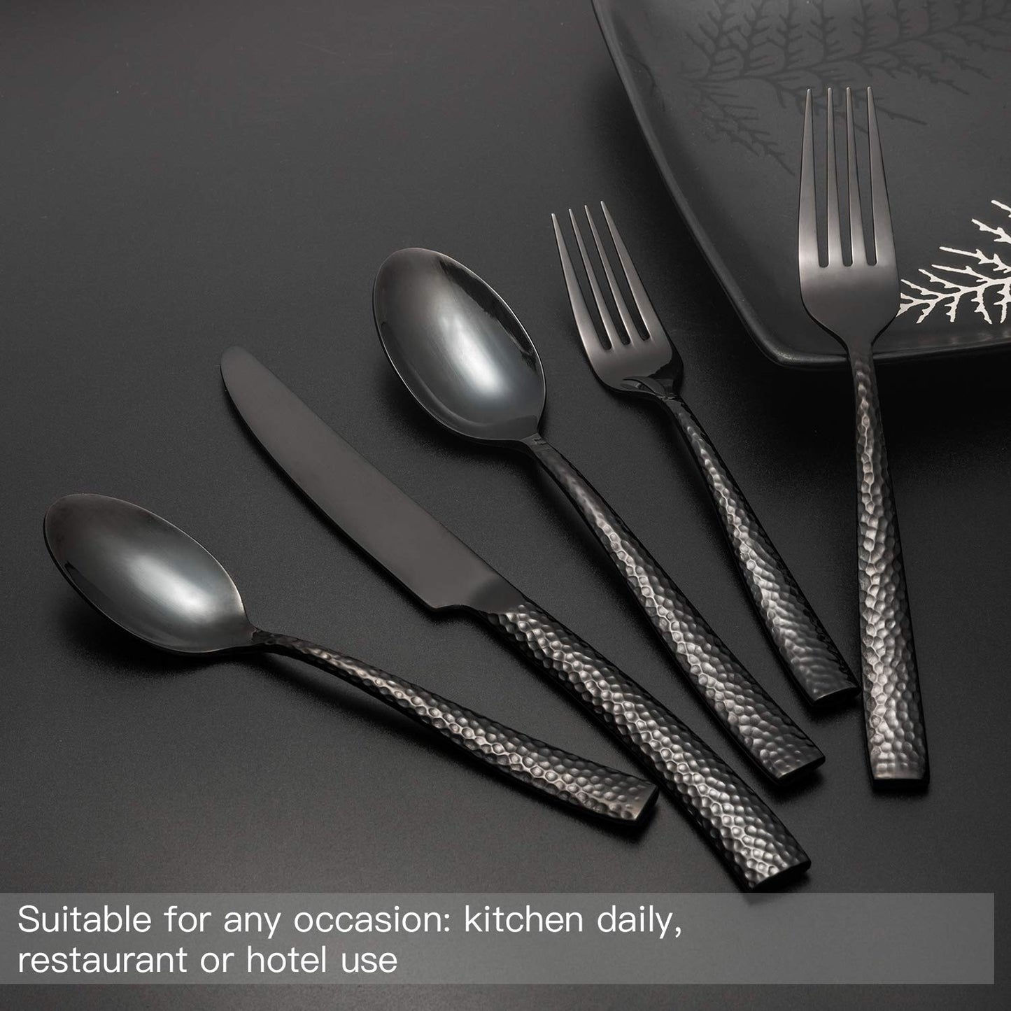 Kelenfer Flatware Set Silverware Set 20 Pieces Mirror Finished Black Stainless Steel Cutlery Set Forged with Hammered Handle Service for 4
