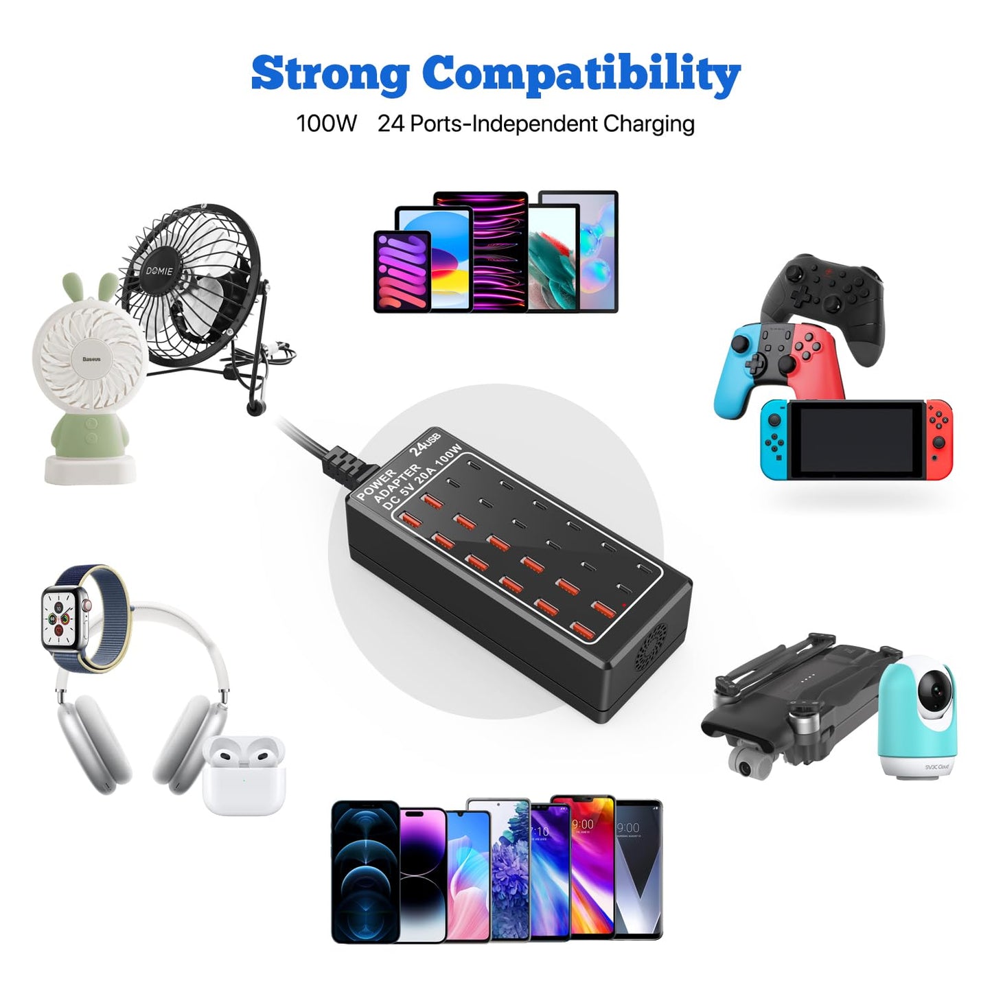 USB Charger, USB C Charger Block, 100W (20A) 24 Port Multiple USB Charger Station Desktop USB Wall Charger 12 USB C 12 USB A Compatible for Apple iPhone, iPad, Samsung Galaxy, Laptop, Pixel, Phones