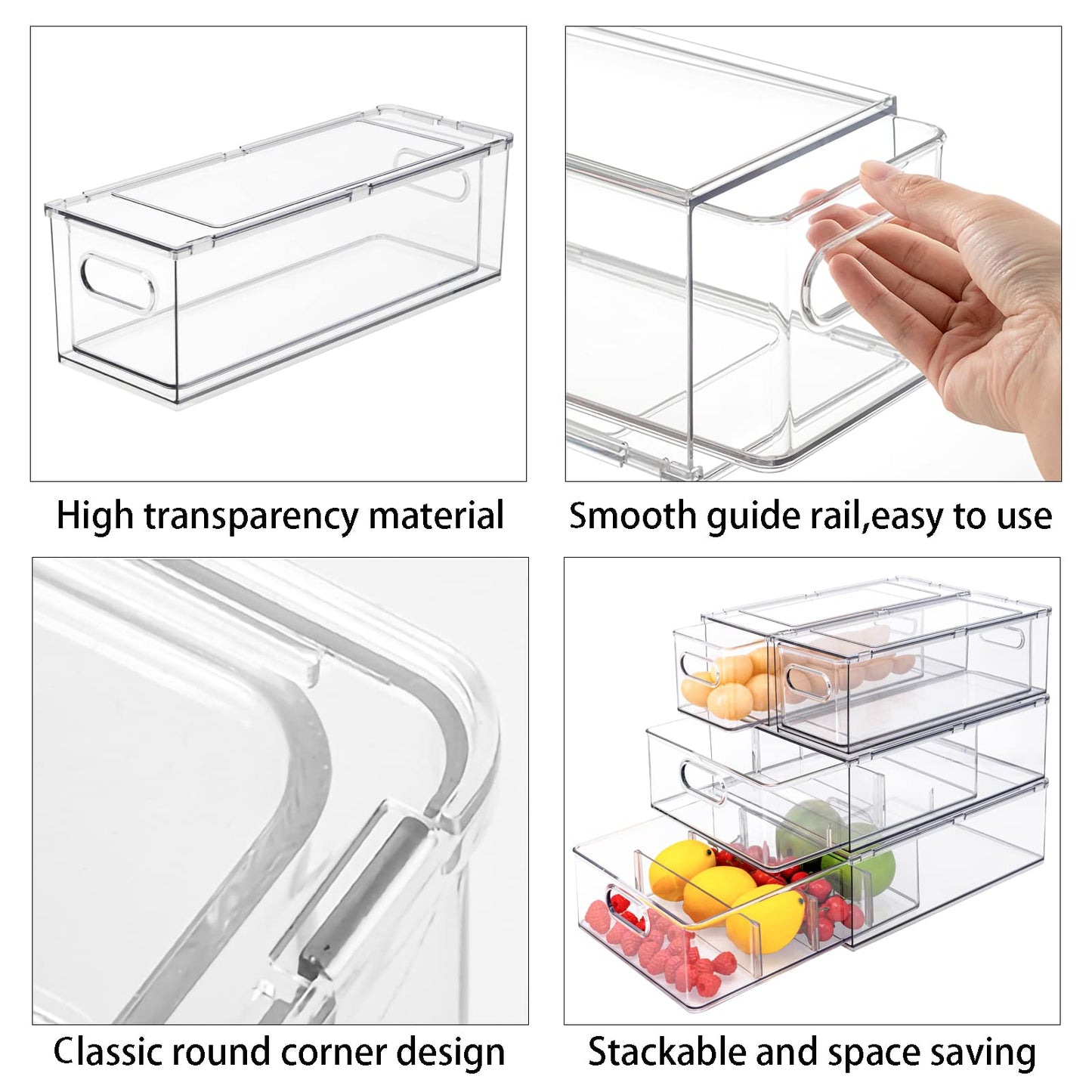 MineSign Stackable Fridge Drawer Pull-Out Bins with Handles 3 Pack Large Clear Food Container with Removable Dividers Refrigerator Storage box Divided Produce Saver for Pantry Kitchen