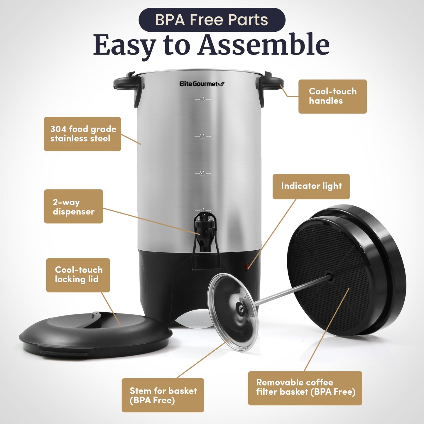 Elite Gourmet CCM040X 40 Cup Electric Hot Water Coffee Brewer Urn, Removable Filter For Easy Cleanup, Two Way Dispenser with Cool-Touch Handles, Stainless Steel