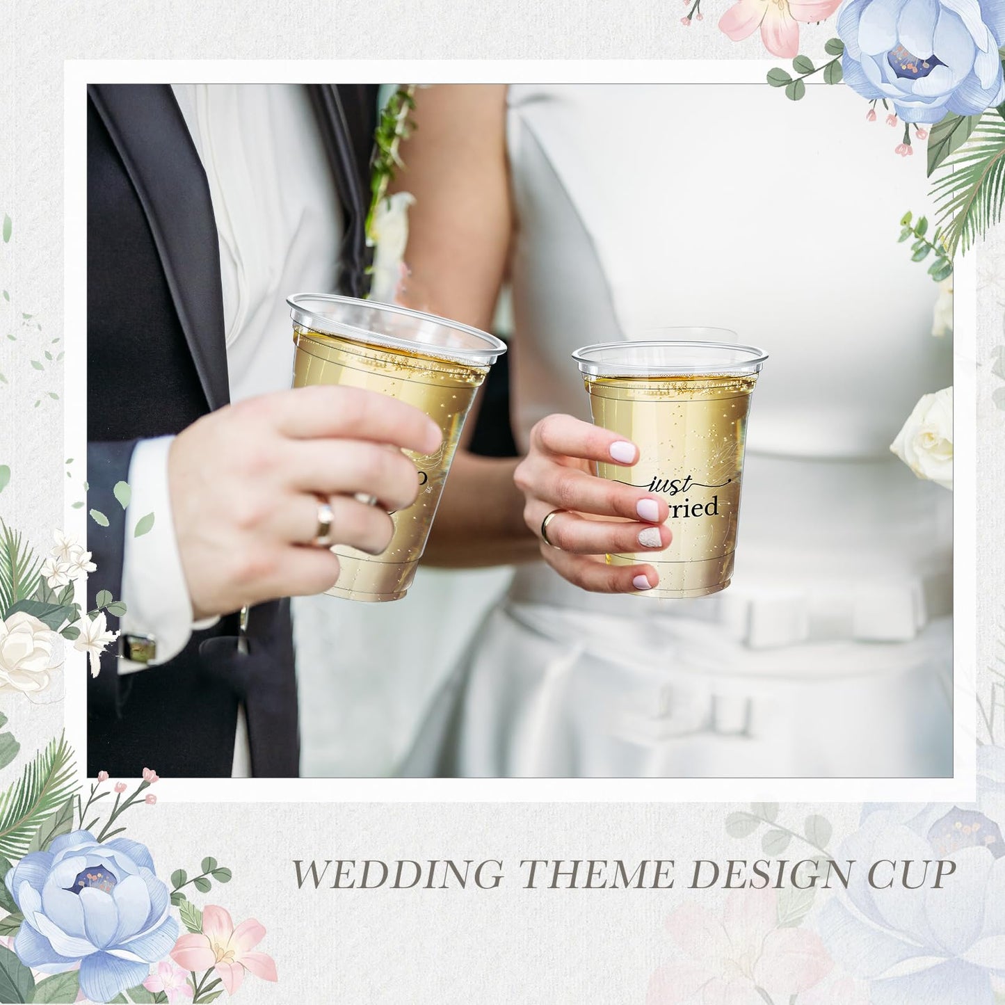 Jingmore 200 Pcs Wedding Plastic Cup 12 oz Wedding Disposable Cups for Reception Thick Clear Cup Happily Ever After Mr and Mrs Just Married Cups for Bridal Shower Decorations (White Floral)