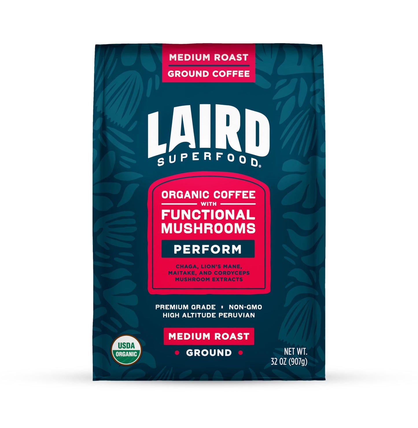 Laird Superfood Peruvian Medium Roast Coffee with Functional Mushrooms, Certified Organic Peruvian Ground Coffee Beans, Gluten-Free, Dairy-Free, Non-GMO, Paleo, Keto Friendly, 32 oz. Bag