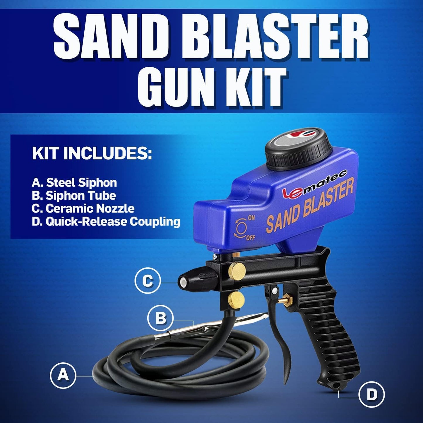 LE LEMATEC Portable Sandblaster Gun Kit, Air Compressor Sand Blaster, Paint & Rust Remover, Abrasive Media & Soda Blaster for Metal, Wood, Automotive & DIY Surface Prep, AS118-2C