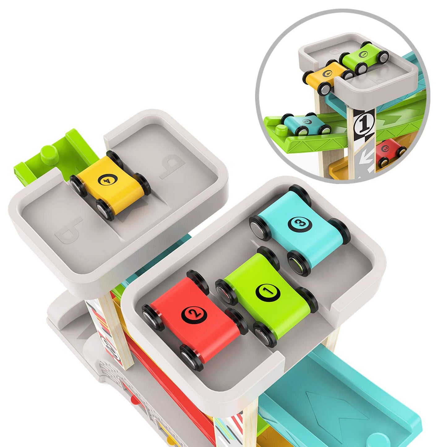 Top Bright Car Ramp Toys for 1 2 3 Year Old Boys Girls Gift, Wooden Race Track for Toddler 1-3, Montessori Toy for 18 Months with 4 Mini Cars