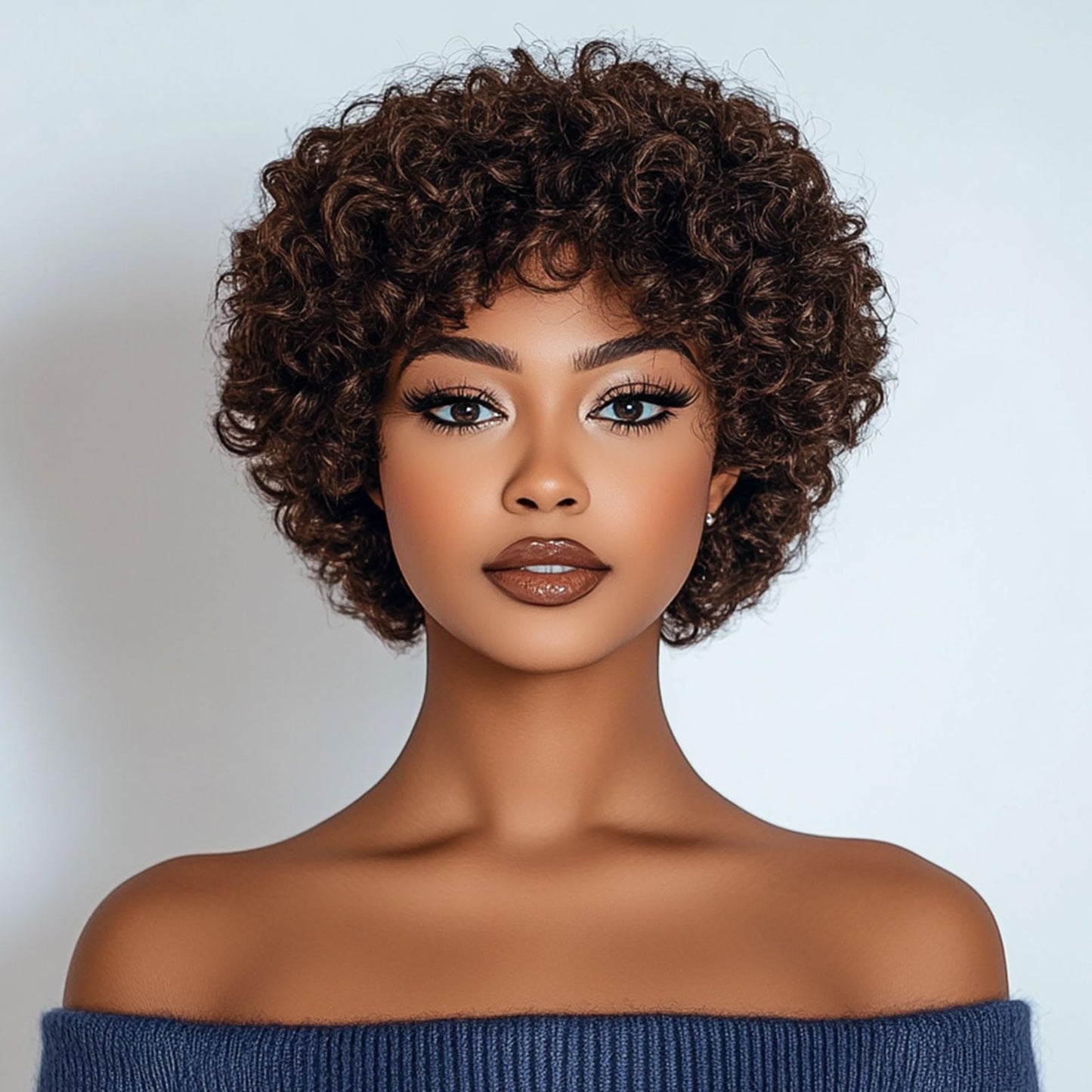 DÉBUT Short Curly Wigs with Bangs 100% Human Hair Afro Curly Glueless Wigs for Women Loose Curls Wear&Go Non Lace Front Wig (Medium Brown)