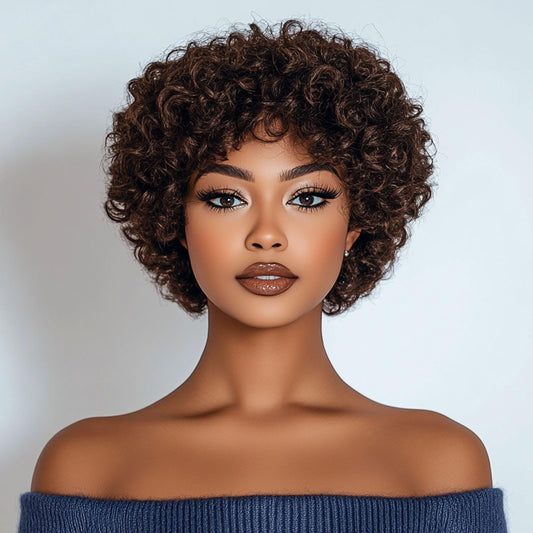 DÉBUT Short Curly Wigs with Bangs 100% Human Hair Afro Curly Glueless Wigs for Women Loose Curls Wear&Go Non Lace Front Wig (Medium Brown)