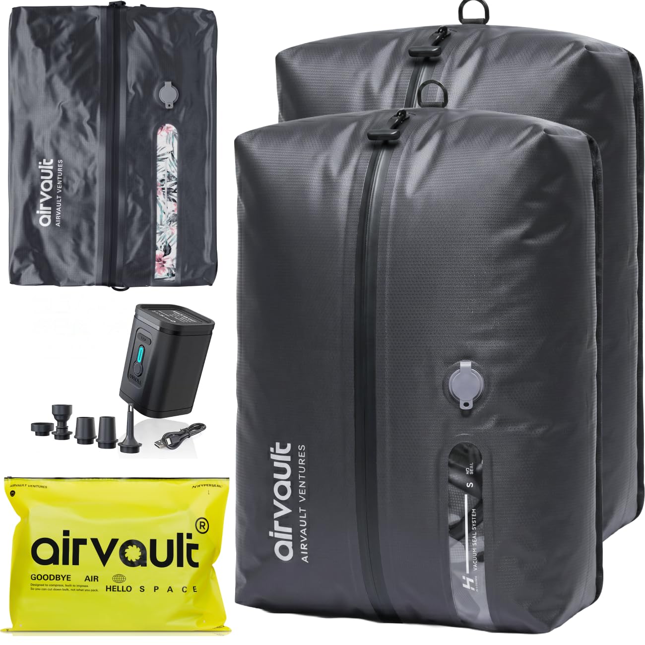 AirVault Reusable Vacuum Compression Travel Bag for Carry-On Suitcase and Backpack, Recycled IP67 Waterproof Space Saver Vacpack (18L Gray (2-Pack) (Air Pump Included)