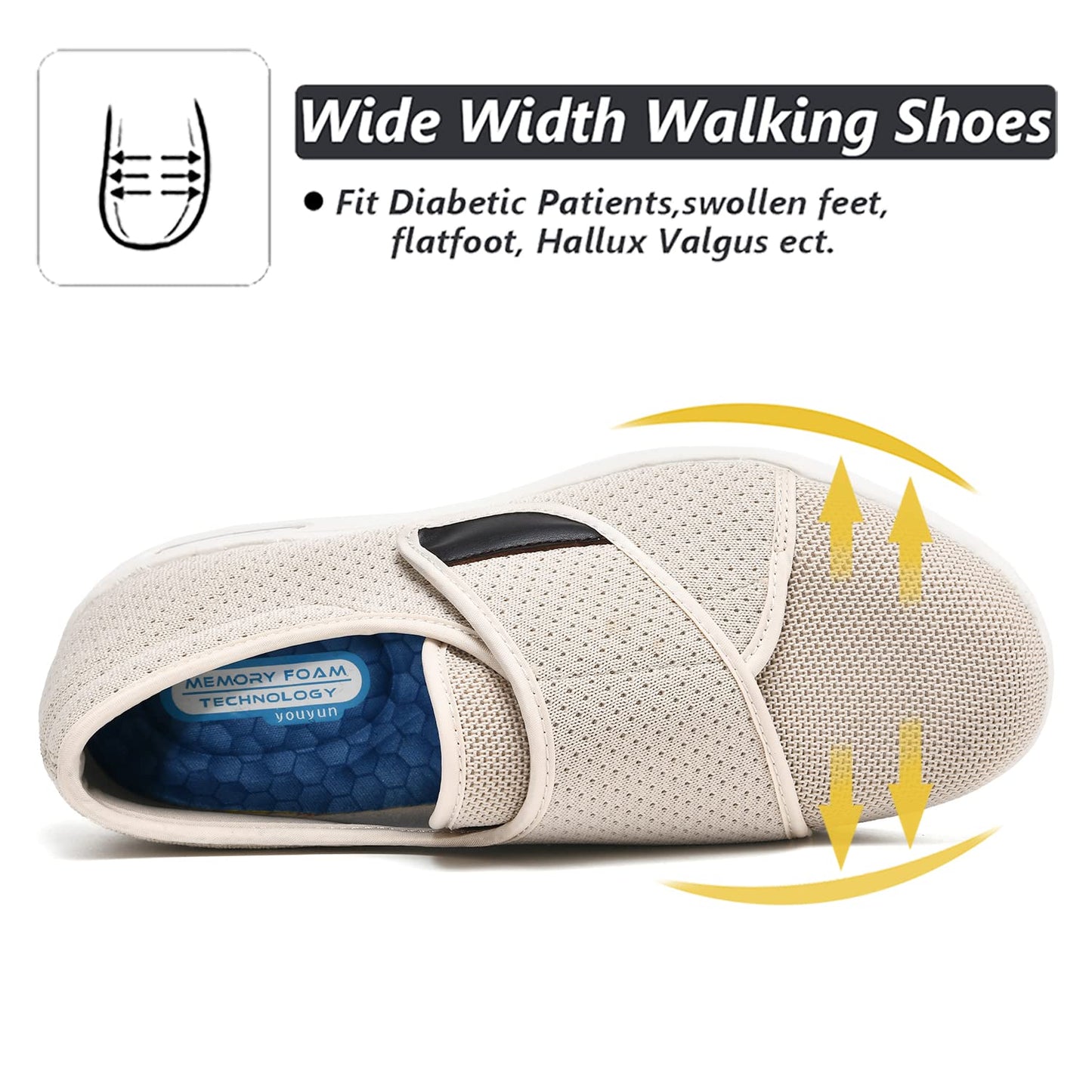 W&LESVAGO Women's Wide Width Diabetic Walking Shoes with Adjustable Closures,Non-Slip Lightweight Sneakers with Classic Air Cushion for Diabetic Edema Plantar Fasciitis(7#, Beige)