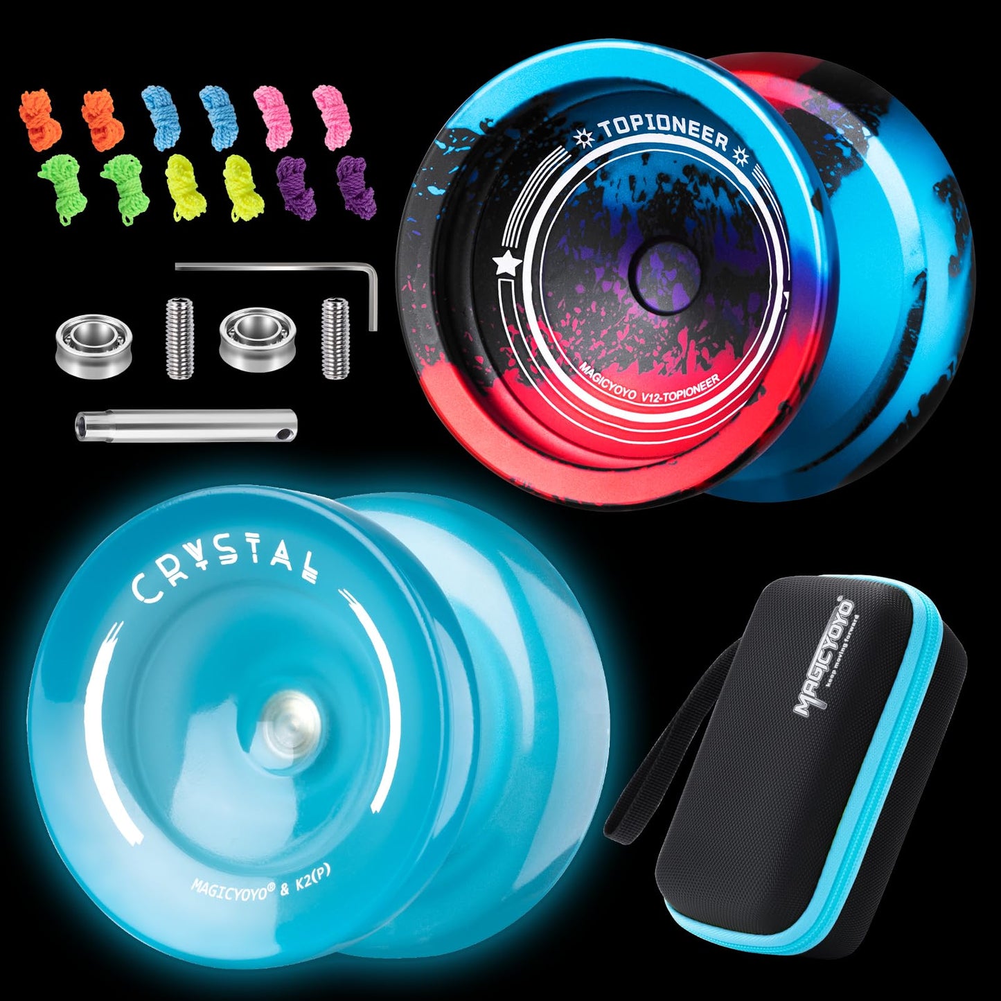 MAGICYOYO Finger Spin Yoyo Pack of Metal Yoyo V12 + Plastic Yoyo K2, Responsive yoyo for Kids 8-12, Professional Yoyo for Adults, Dual Function yoyos with Concave Bearing Kit, 12 Yoyo Strings
