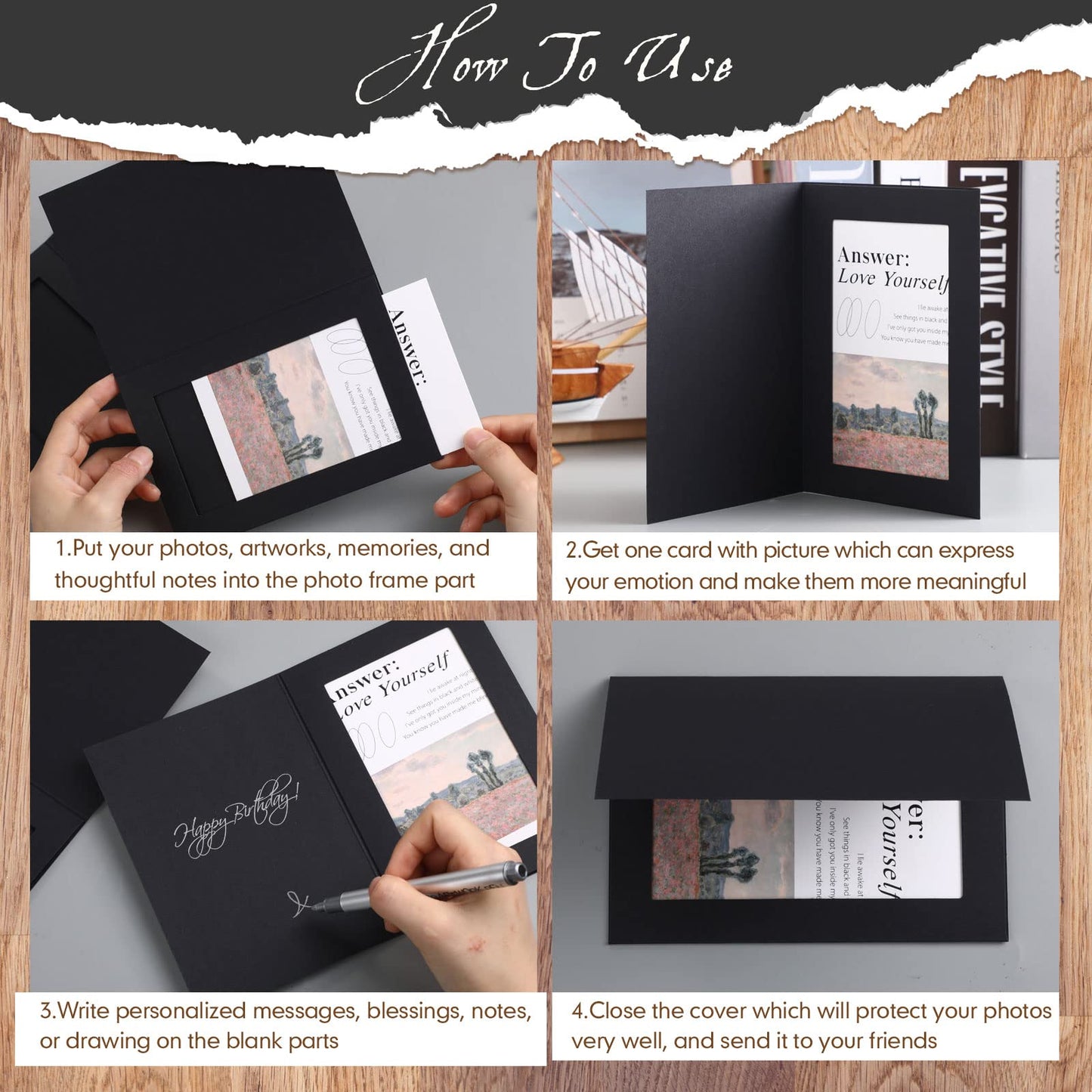 Fainne 150 Pack Photo Folders 4x6Inch Cardboard Picture Frame Photo Frame Thank You Cards Cardboard Folders Paper Greeting Cards Inserts for Portraits Christmas Wedding (Black)