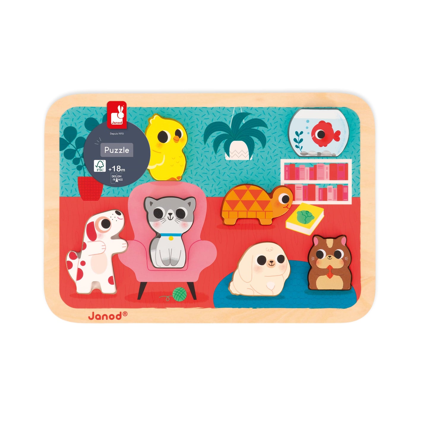 Janod - Chunky Puzzle Pets - 7 Animal Pieces - Wood - Early-Learning - Fine Motor Skills - for Toddlers - from 18 Months + - Multilingual - J07122