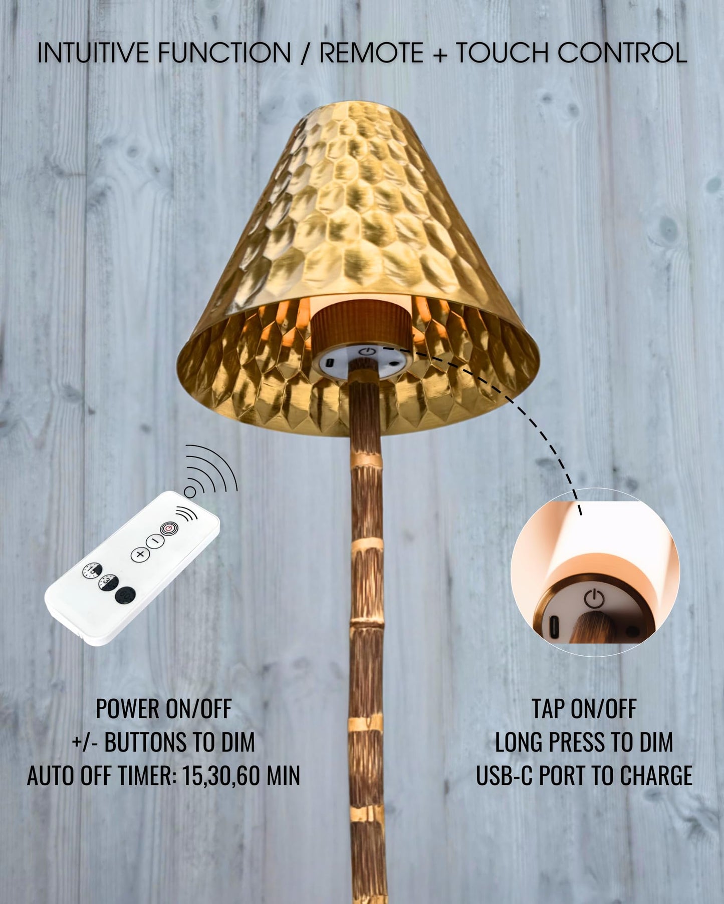 LUXELYKOS Bamboo Cordless LED Table Lamp – Rechargeable 24-Hour Battery, Dimmable Warm Light, 15" Portable Wireless Lamp with Remote for Indoor/Outdoor Use, Home, Patio, Restaurant – Textured Gold