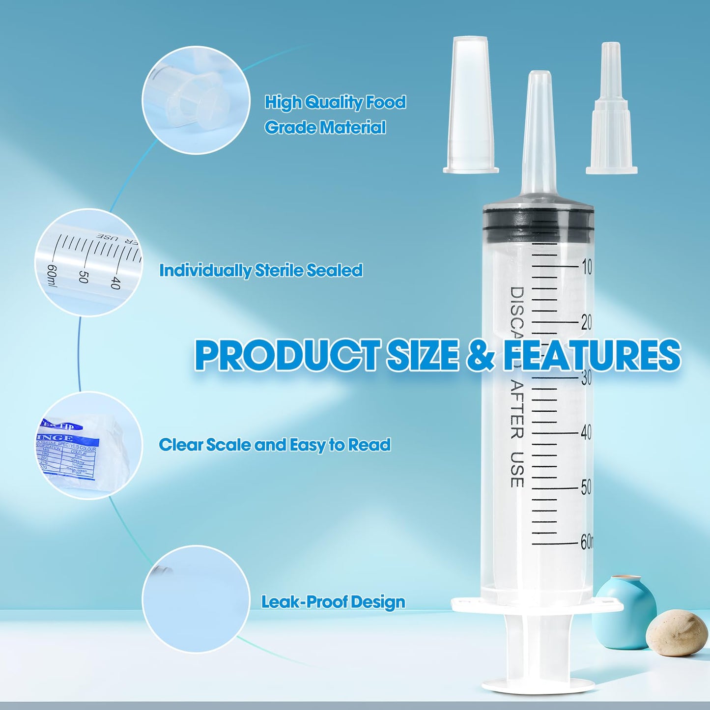 60ml Syringe for Liquid,50 Pack Large Plastic Syringes with Adapters and Cap,Individually Sealed Syringe for Feeding,Irrigation Water and Scientific Labs