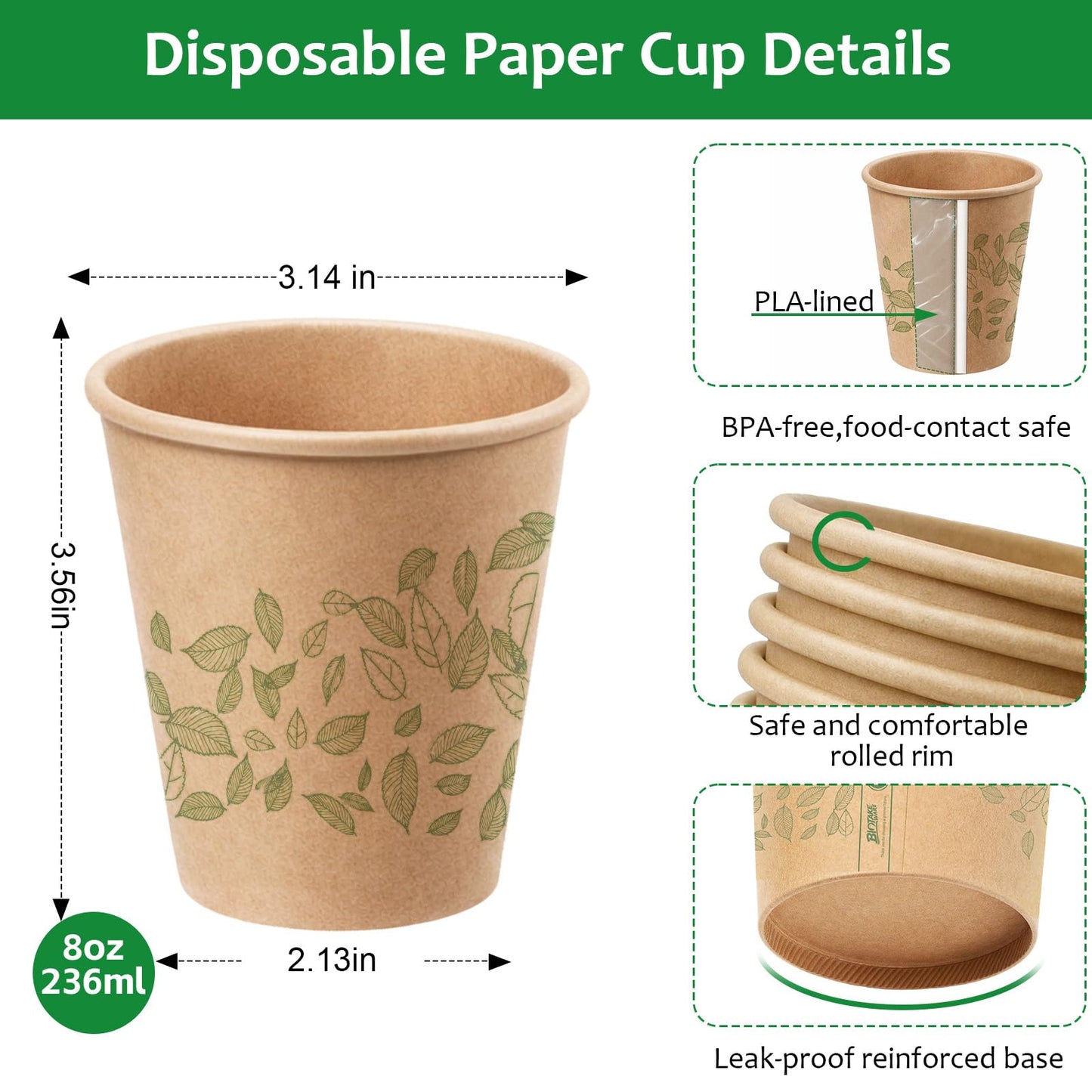 Biotakeware 8oz 300Count Compostable Paper Cups, Plant-Based Disposable Coffee Cups with PLA Lining, Perfect for Hot & Cold Drinks, Coffee, Party, Office & Daily Use