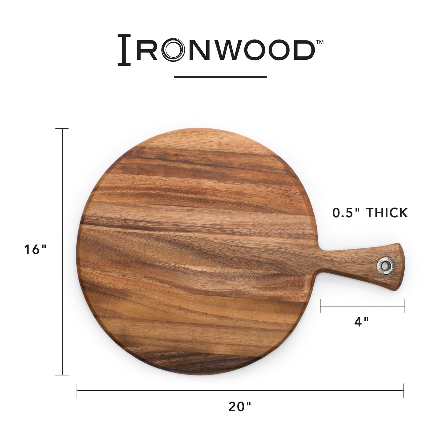 Ironwood Gourmet Acacia Wood Provencale Paddleboard, XL Round Serving Board With Handle