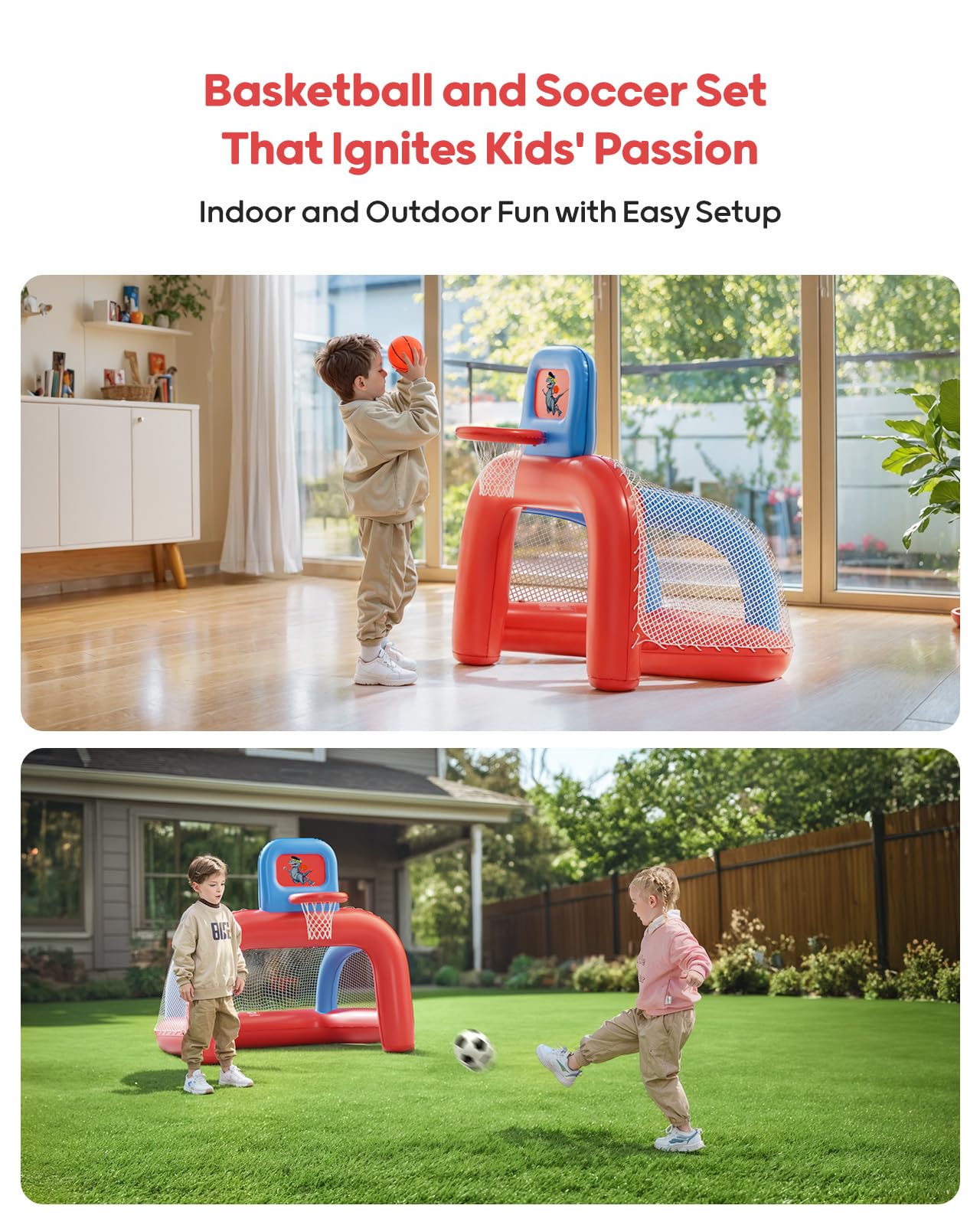 QPAU 2-in-1 Inflatable Basketball Hoop Set, Indoor Basketball Goal & Soccer for Kids, Basketball Hoop for Ages 1-5, Toys for Toddlers, Boys and Girls Gift