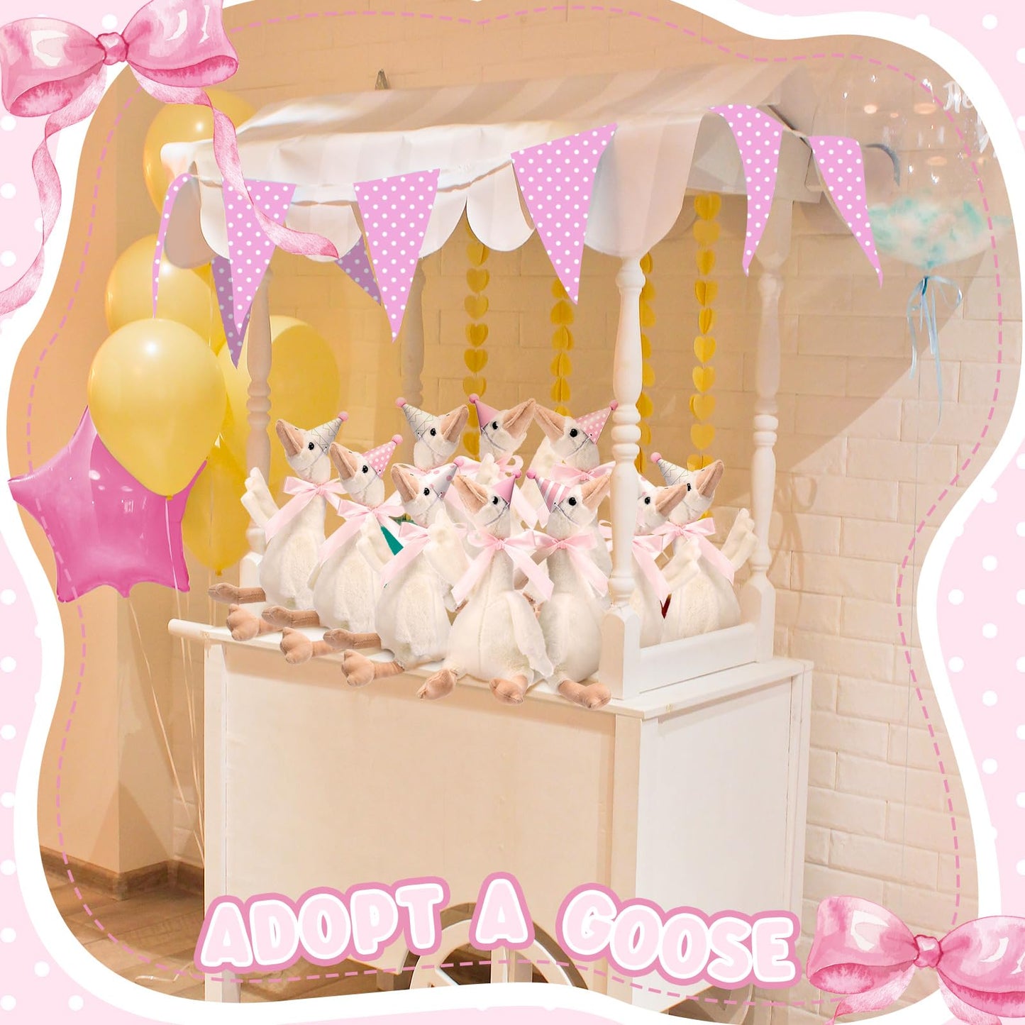Halloscume One Silly Goose Party Favors Stuffed Animal Plush Toy and Mini Birthday Party Hats with Ribbon Bow(Pink,10 Set)