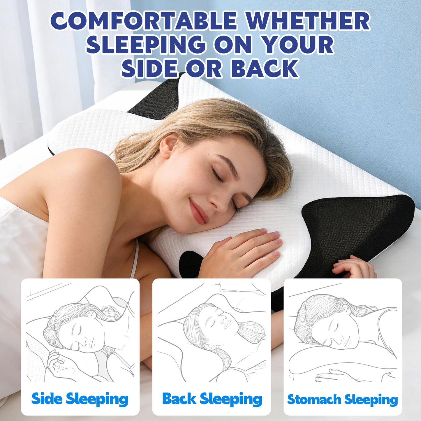 Keaolotay Cervical Neck Pillow, Contour Memory Foam Orthopedic Pillow, Double-Sided Neck Support Pillow for Neck Pain Relief, with Pillowcase for Back Side Stomach Sleepers(Black)