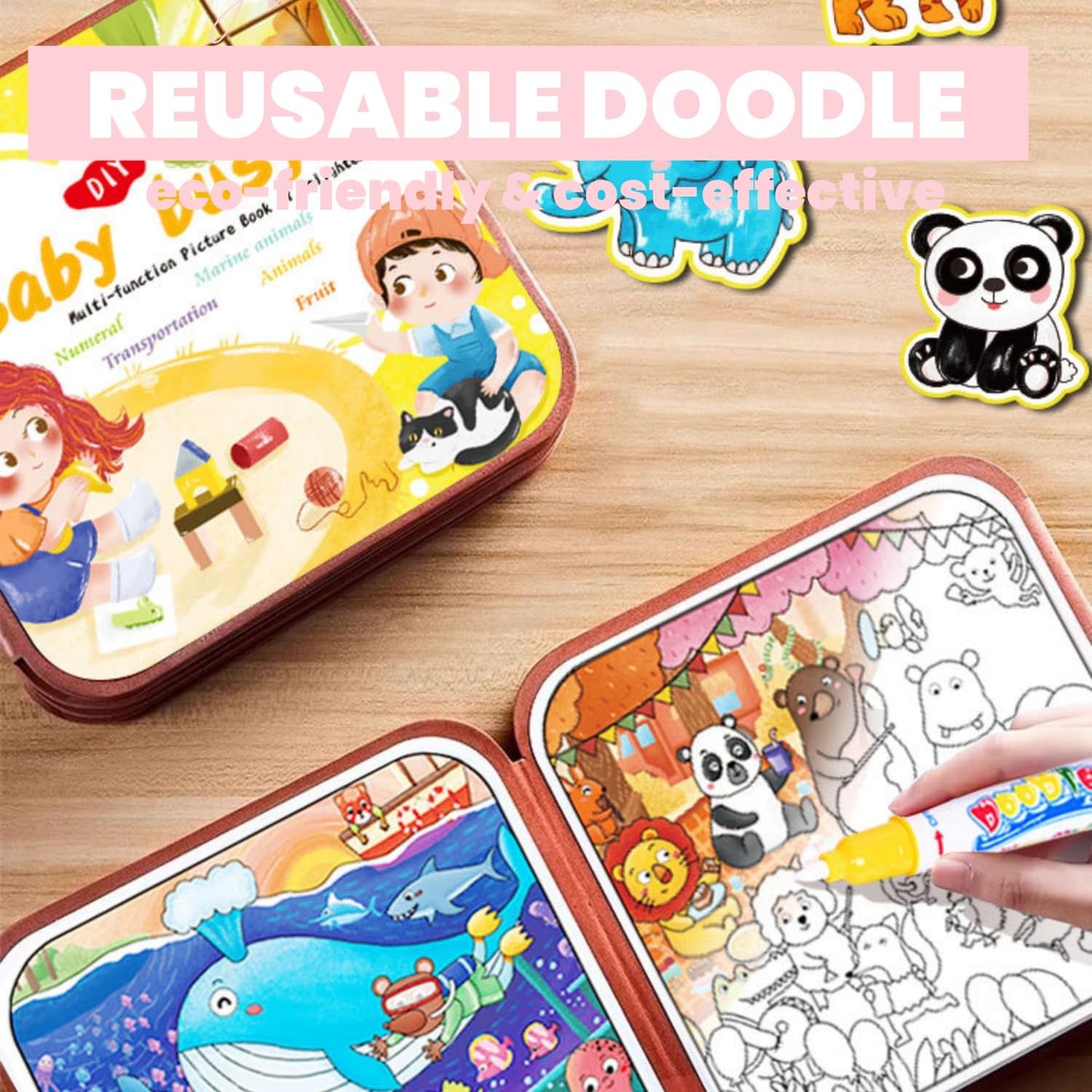 FZRMU Toddler Reusable Water Doodle & Sticker Busy Book Set, 3 Pack (2 Water Painting Books + 1 Preschool Activity Book) with Pens & Cards, Mess-Free Educational Learning Toys for Kids Ages 3+