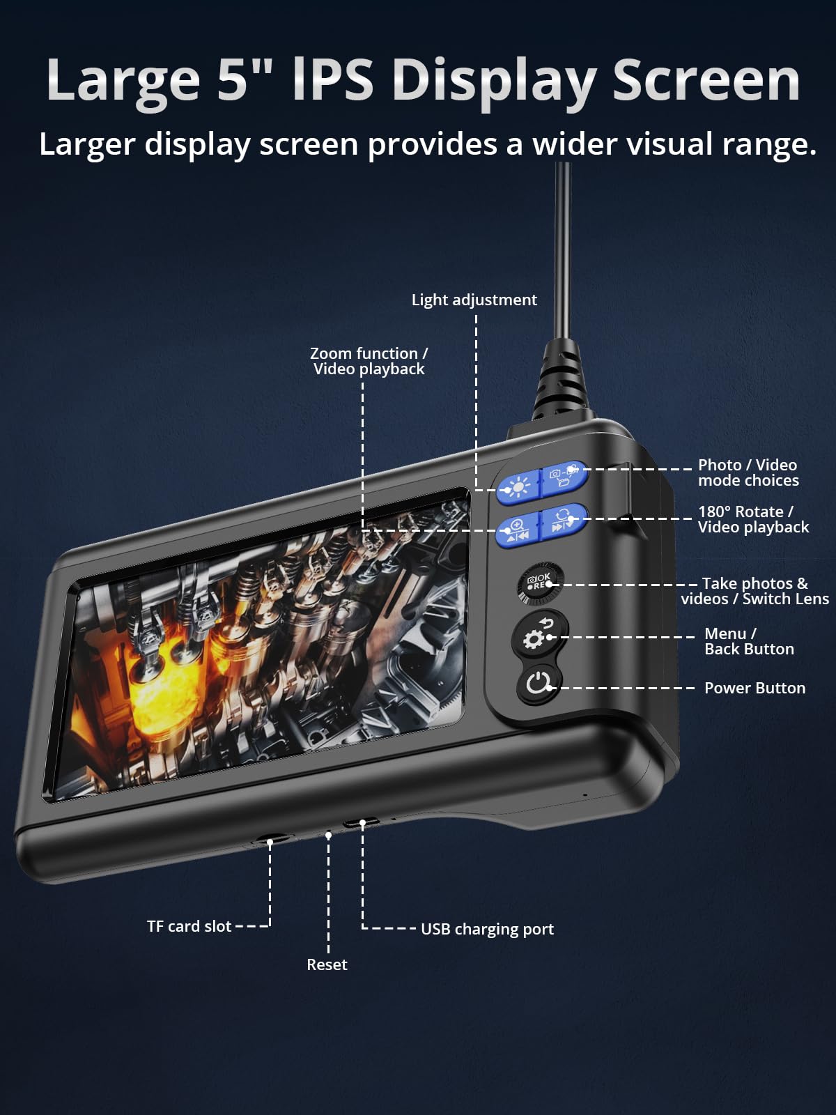 Acoath Borescope Endoscope Camera with Light, Dual-Lens 1080P HD Industrial Inspection Camera with 8 LED Lights, 16.5Ft Semi-Rigid Snake Cable, 5" IPS Screen, 32GB Card, IP67 Waterproof Sewer Tools