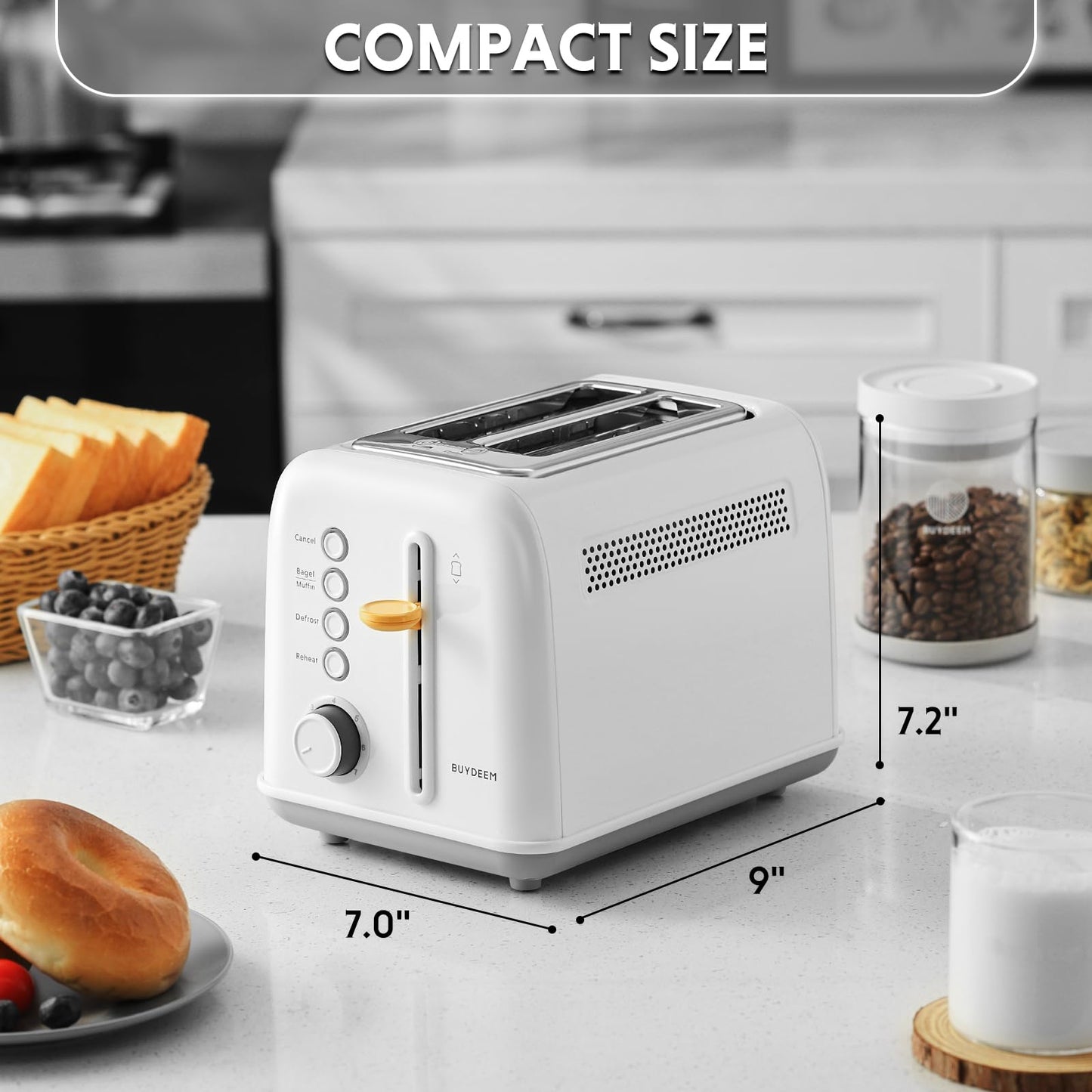 BUYDEEM DT620 2-Slice Toaster, 7 Shade Settings, Extra Wide 1.5'' Slots for Bagel & English Muffin, 6 Toasting Functions, Retro Stainless Steel Toaster with High Lift Lever, Arctic White