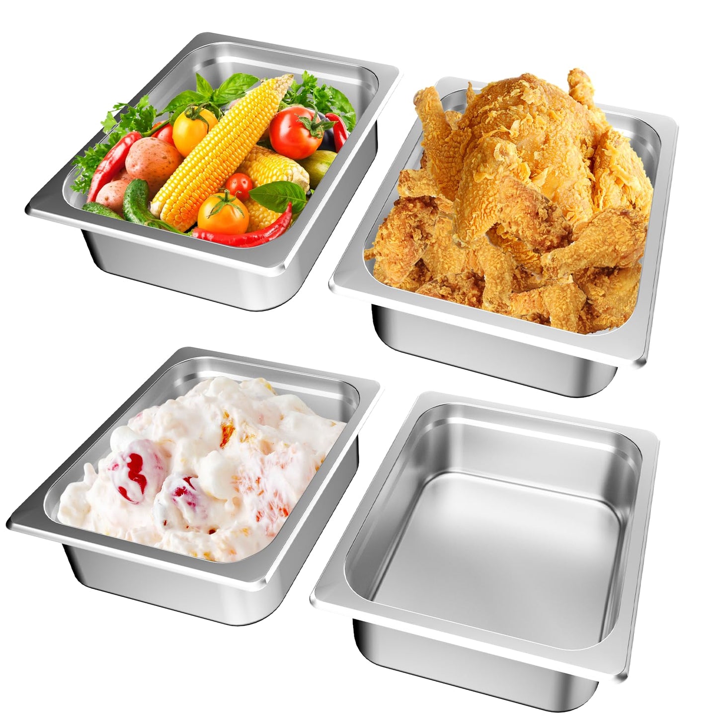 BAKPOCO Hotel Pan with Lid 1/2 Half Size - 4" Deep 4 Packs Stainless Steel Food Pan for Steam Table, Commercial Restaurant, Anti Jam, Buffet, Home