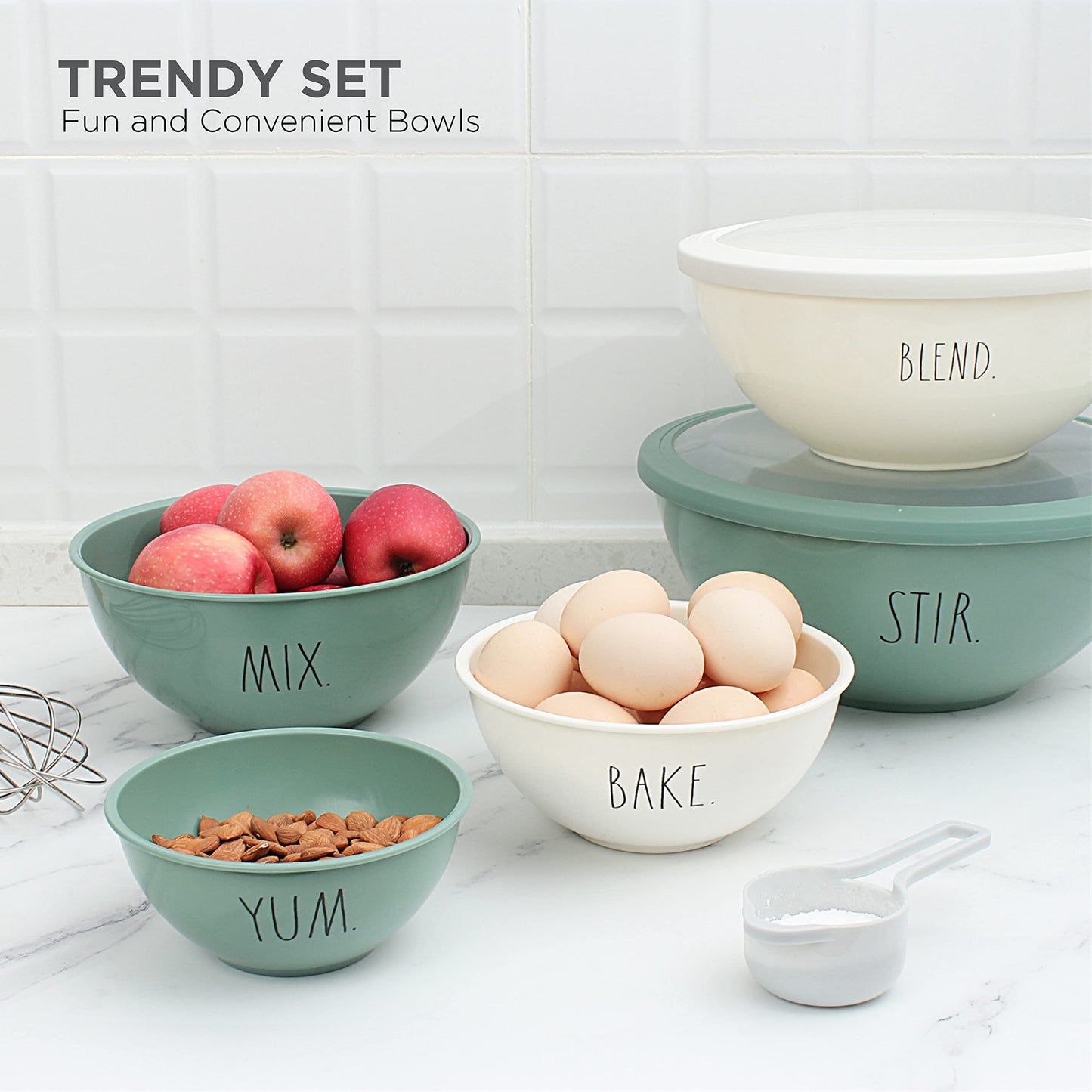 Rae Dunn Mixing Bowls with Lids - 10 Piece Plastic Nesting Bowls Set includes 5 Prep Bowls and 5 Lids (Sage)