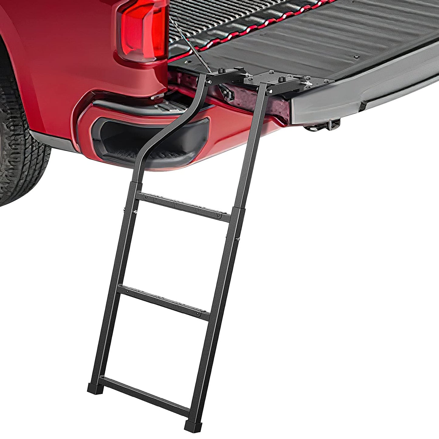 Nilight Foldable Truck Tailgate Ladder for Pickup with Aluminum Step Grip Plates, Replaceable Rubber Feet & Stainless Steel Self Drilling Hex Screws for Easy Installation