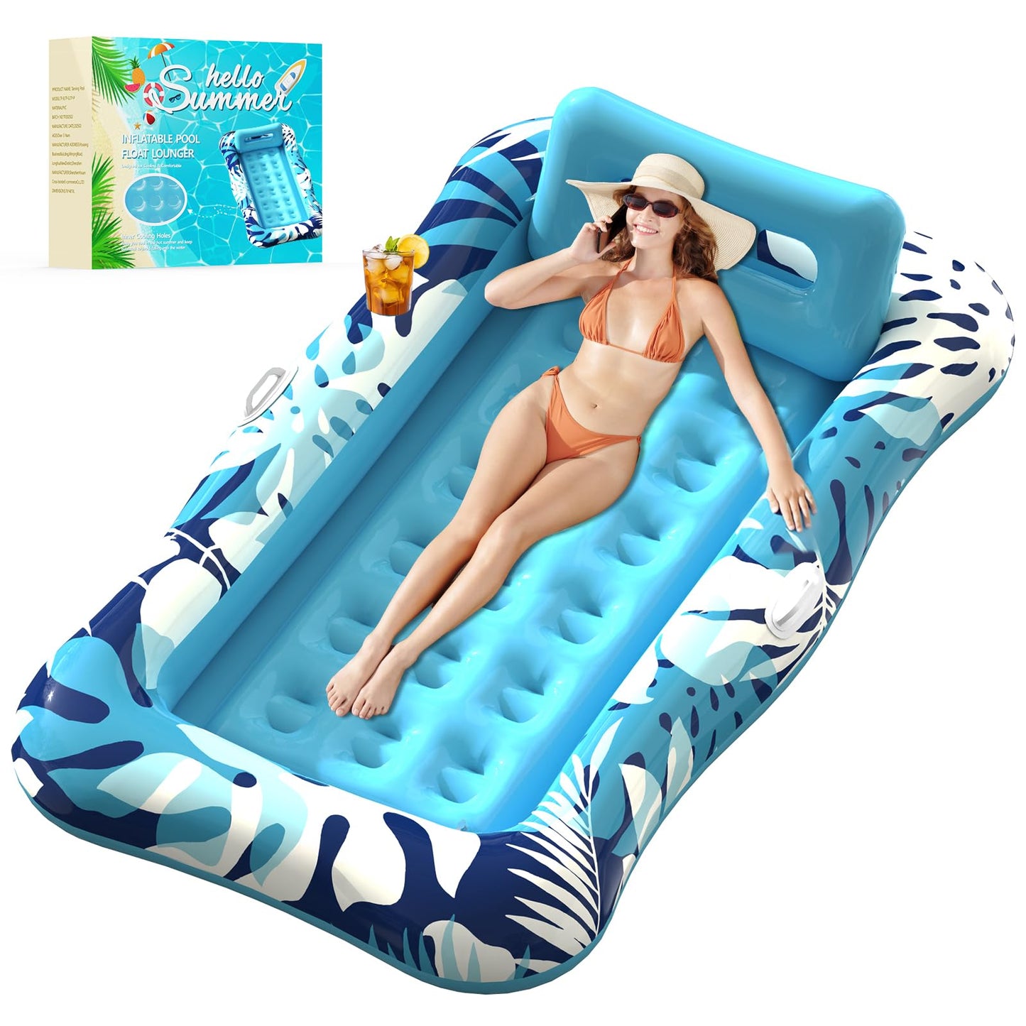 Pool Floats Adult,76" x 48" Inflatable Tanning Pool Lounger Float with Pillow,4 in 1 Suntan Tub Sunbathing Raft Floatie Water-Filled Mattress Kids Pool Ball Pit,Perfect for Lake Water Party & Relax