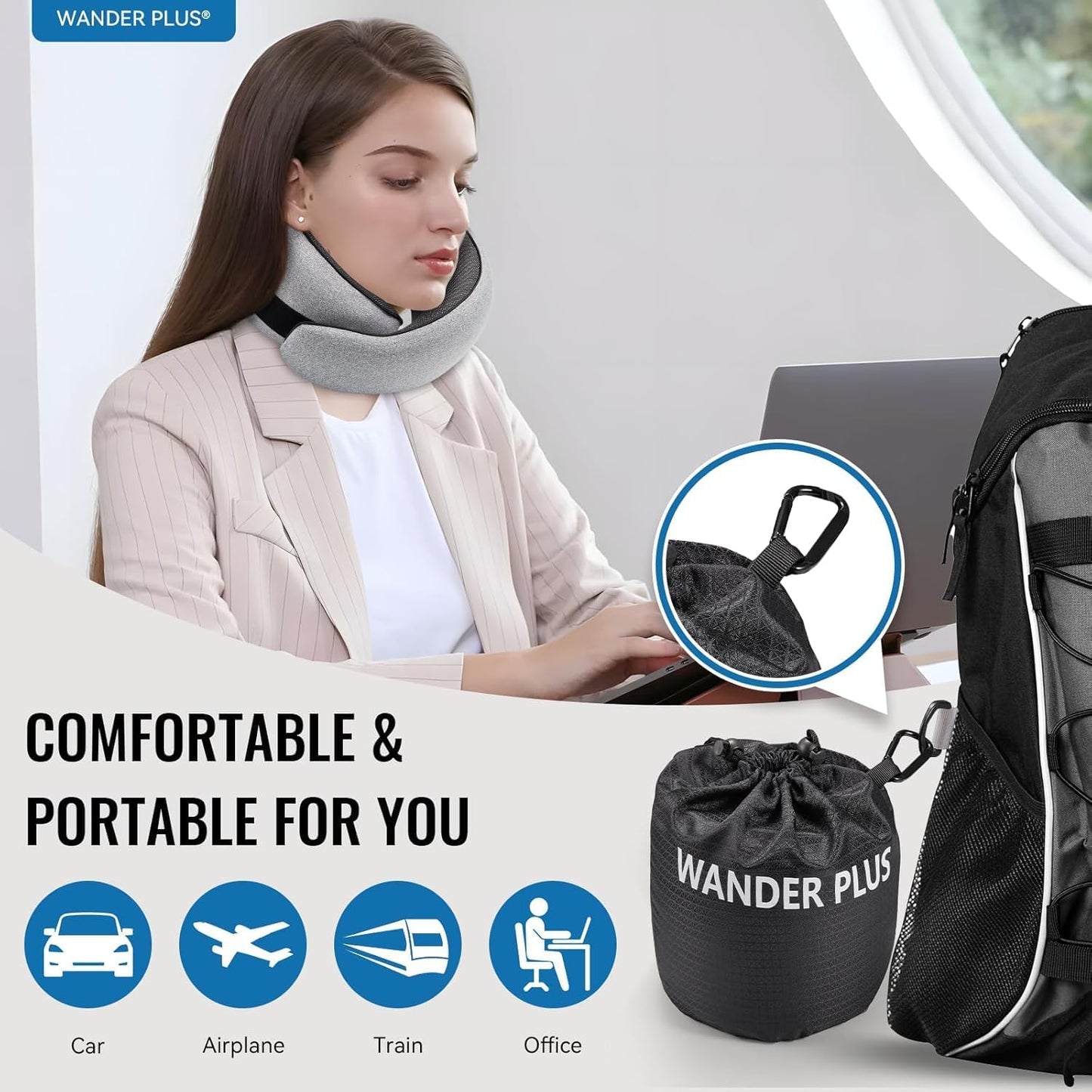 WANDER PLUS® Travel Neck Pillow, Pure Memory Foam Neck Pillow for Airplanes, Comfortable Breathable Cover, 360 Degree Support Ergonomic Design Best for Sleeping Plane Train Travel Essentials Max Pink