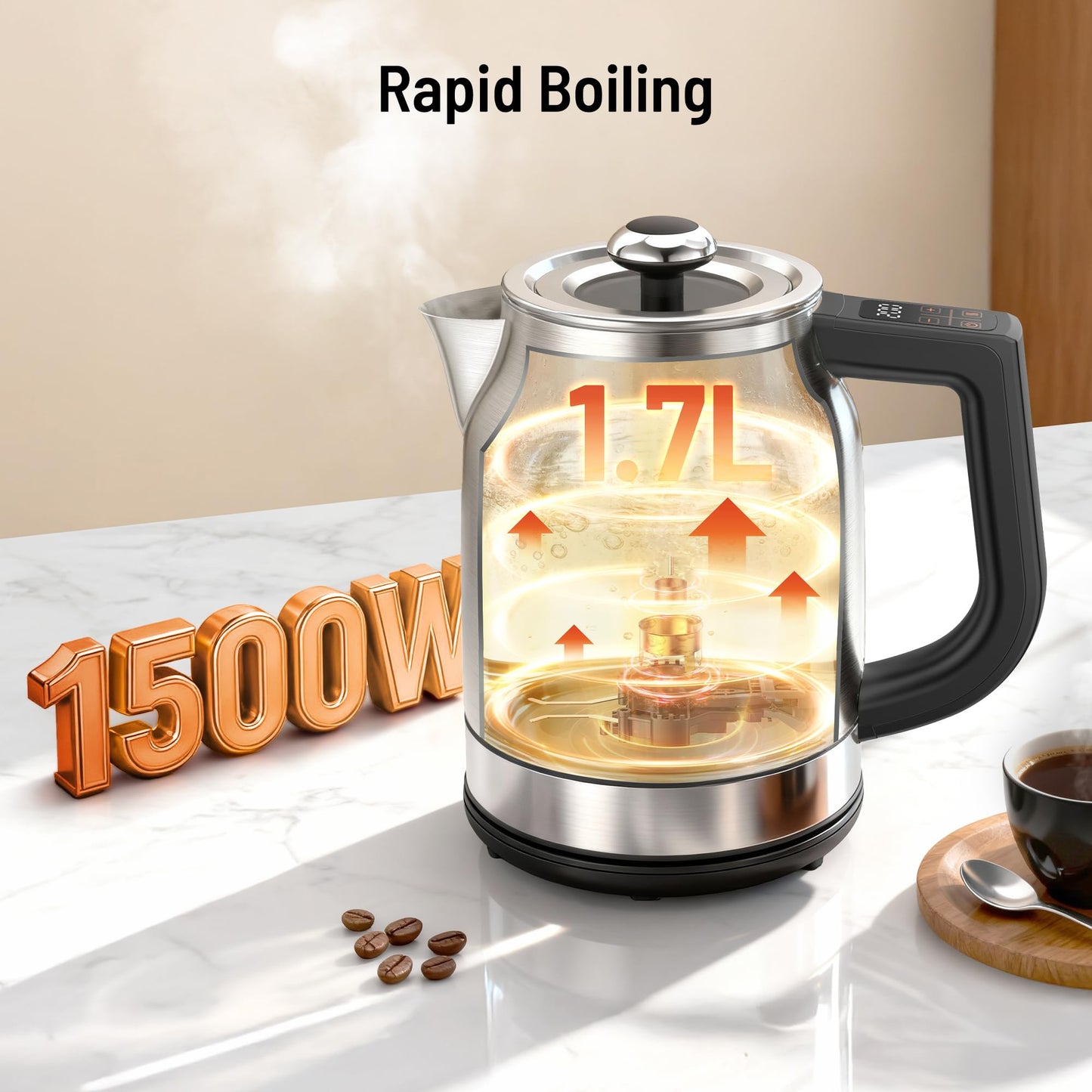 1.7L Electric Glass Kettle with Variable Temperature Control, 1500W Fast Heating Water Boiler, 13 Temperature Presets, Keep Warm Function, Auto Shut-Off Safety Protection, LED Touch Panel, 120V