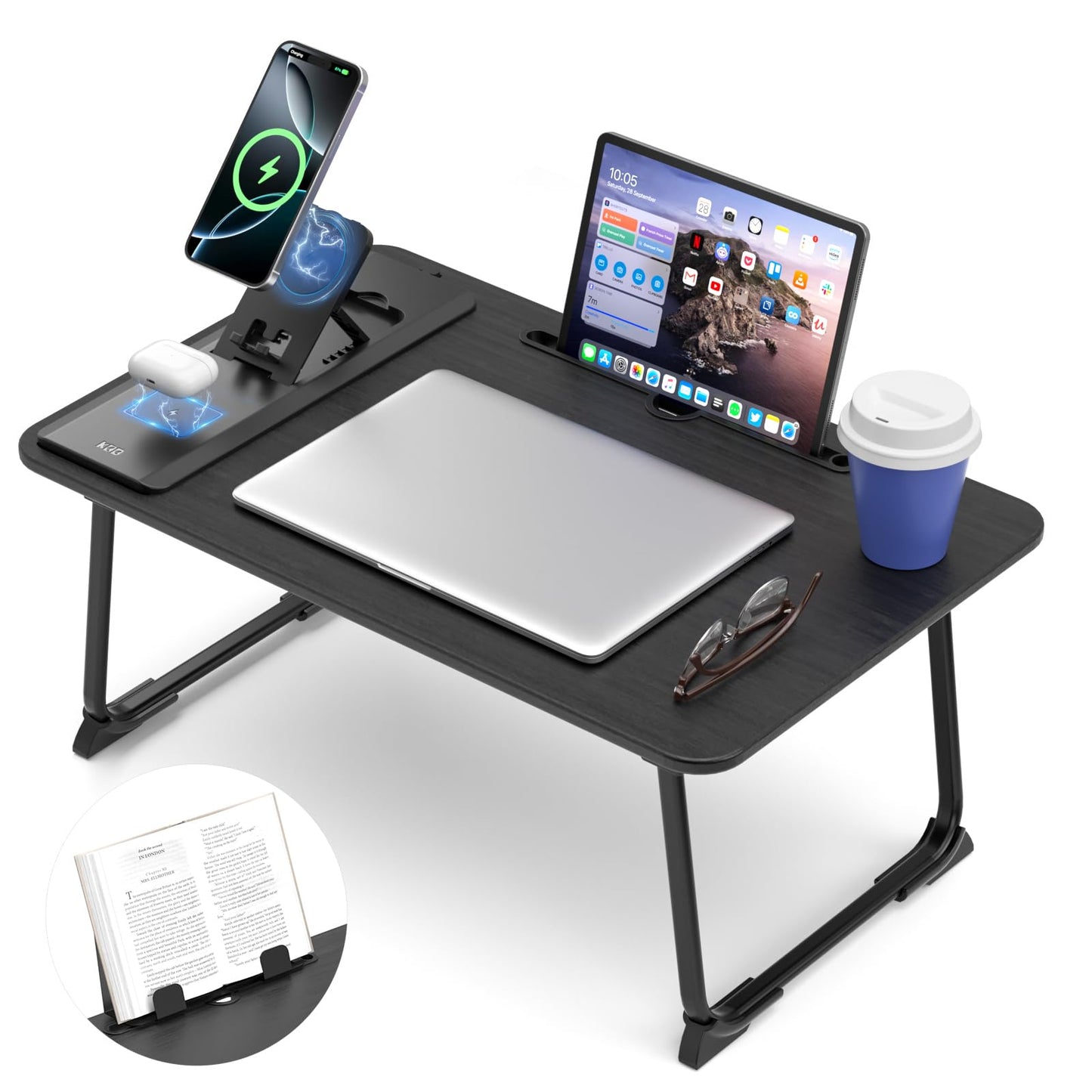 KONDOUND Foldable Laptop Desk for Bed with Wireless Charger - Large Lap Computer Tray Table with Tablet Slot and Book Shelf Read Table for Couch Chair Floor for Writing, Studying Eating, and WFH