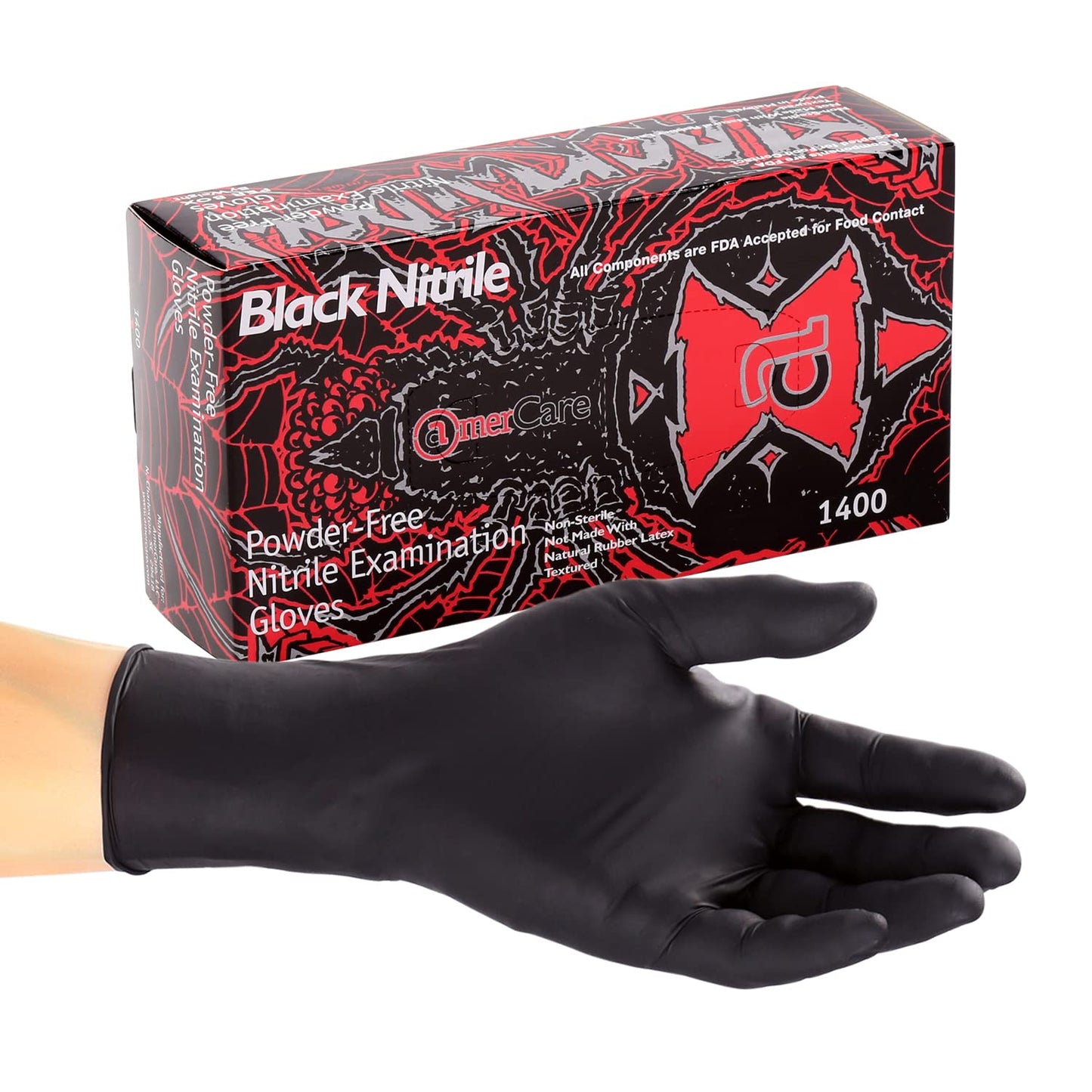 AmerCareRoyal Black Widow Nitrile Latex Free Disposable Gloves - Powder-Free, Exam Grade Gloves with Textured Grip - Large, Black, Case of 1000