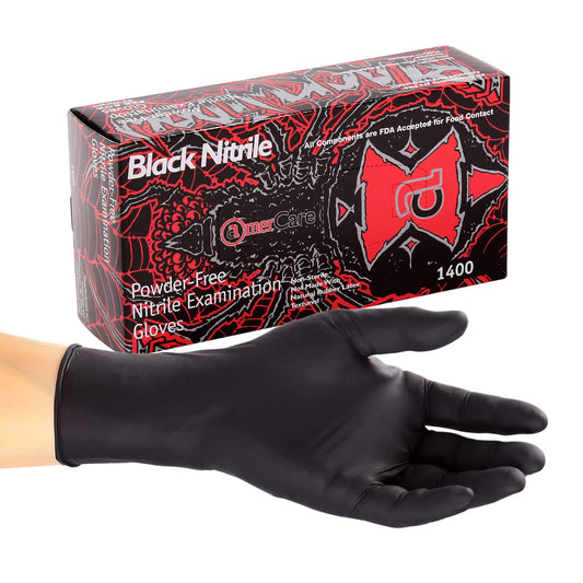 AmerCareRoyal Black Widow Nitrile Latex Free Disposable Gloves - Powder-Free, Exam Grade Gloves with Textured Grip - Large, Black, Case of 1000