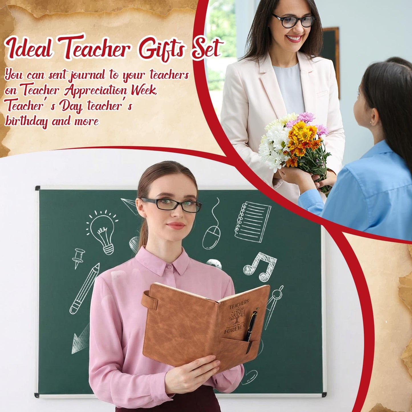 Dunzoom 6 Sets Teacher Appreciation Gifts Bulk Hardcover A5 Leather Notebooks with Pen End of Year Teachers Gift Notepads Graduation Thank You Gift for Teacher's Day School Office(Tree Style)
