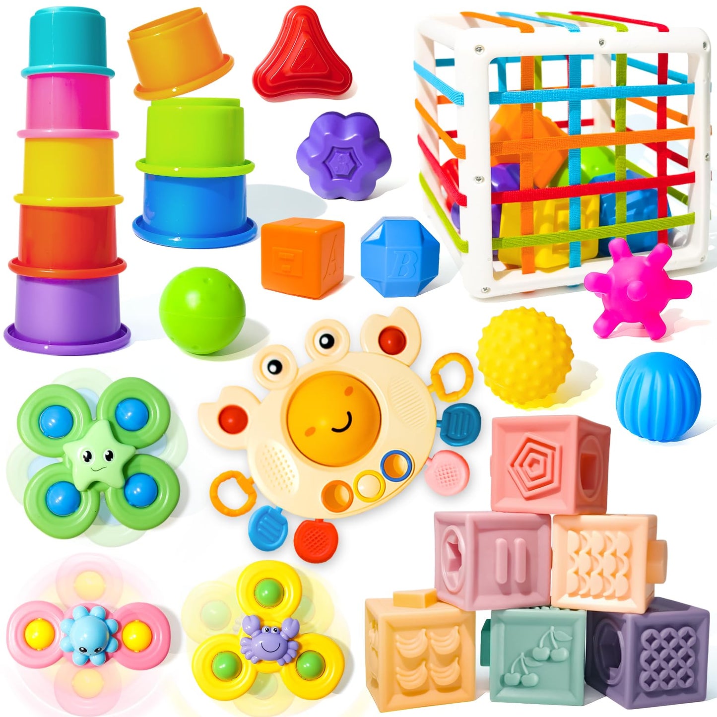 Montessori Toys for Babies 0-3-6-12 Months, 6 in 1 Baby Toys 4 5 6 7 8 9 Month Old, Baby Blocks Stacking Toys, Infant Baby Sensory Development Learning Toys Gifts for 1 2 3 Year Old Boys Girls