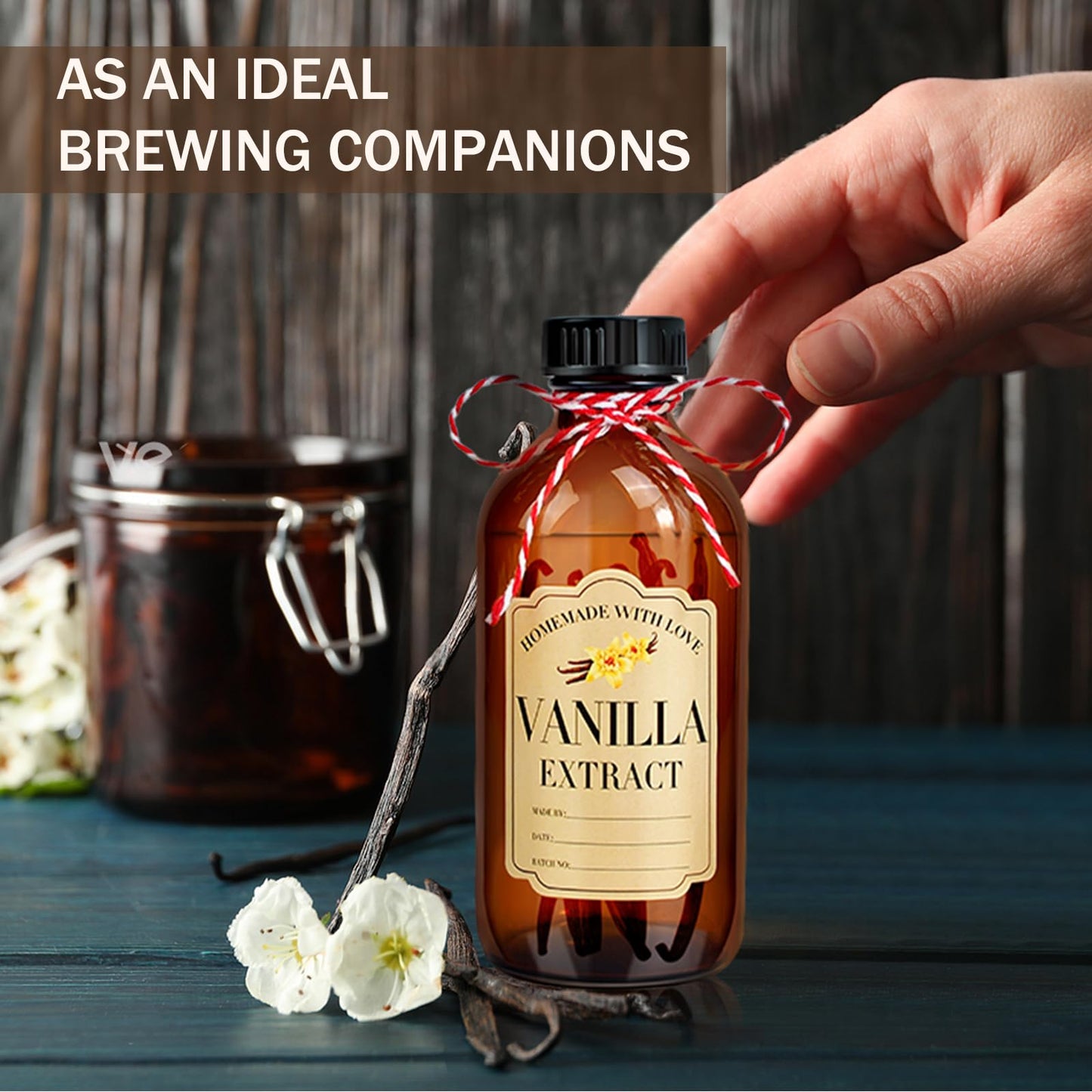 BHHQHH 16Pcs 8 oz Amber Glass Bottle Boston Round Bottles for Vanilla Extract Homemade,Brown Vanilla Extract Bottles with Caps for Syrup Gift Glass Food Storage Canister and Sauce Beans