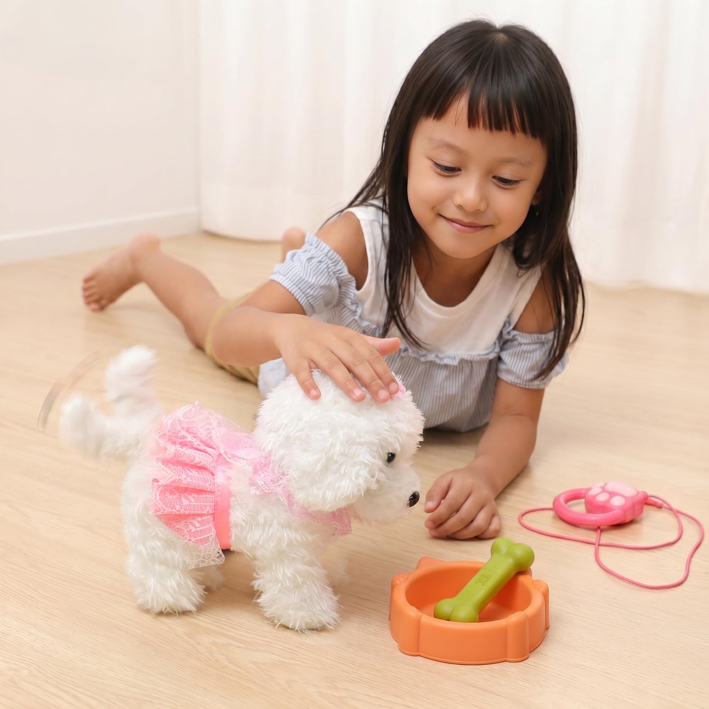 OR OR TU Walking Barking Toy Dog with Remote Control Leash, Plush Puppy Electronic Interactive Toys for Kids, Shake Tail,Pretend Dress Up Realistic Stuffed Animal Dog Age 3 4 5+ Years Old Best Gift
