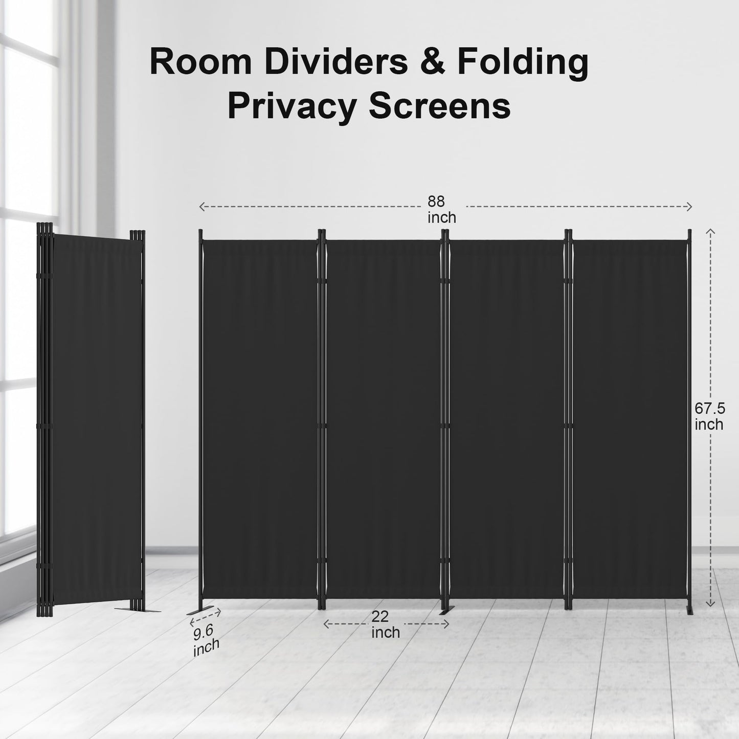 Kecreque Room Divider 4 Panel Partition Room Dividers & Folding Privacy Screens w/ 3 Metal Feet 6FT Portable Wall Doubles as a Dressing Screen Portable Wall for Office Kitchen Children's Room,Black