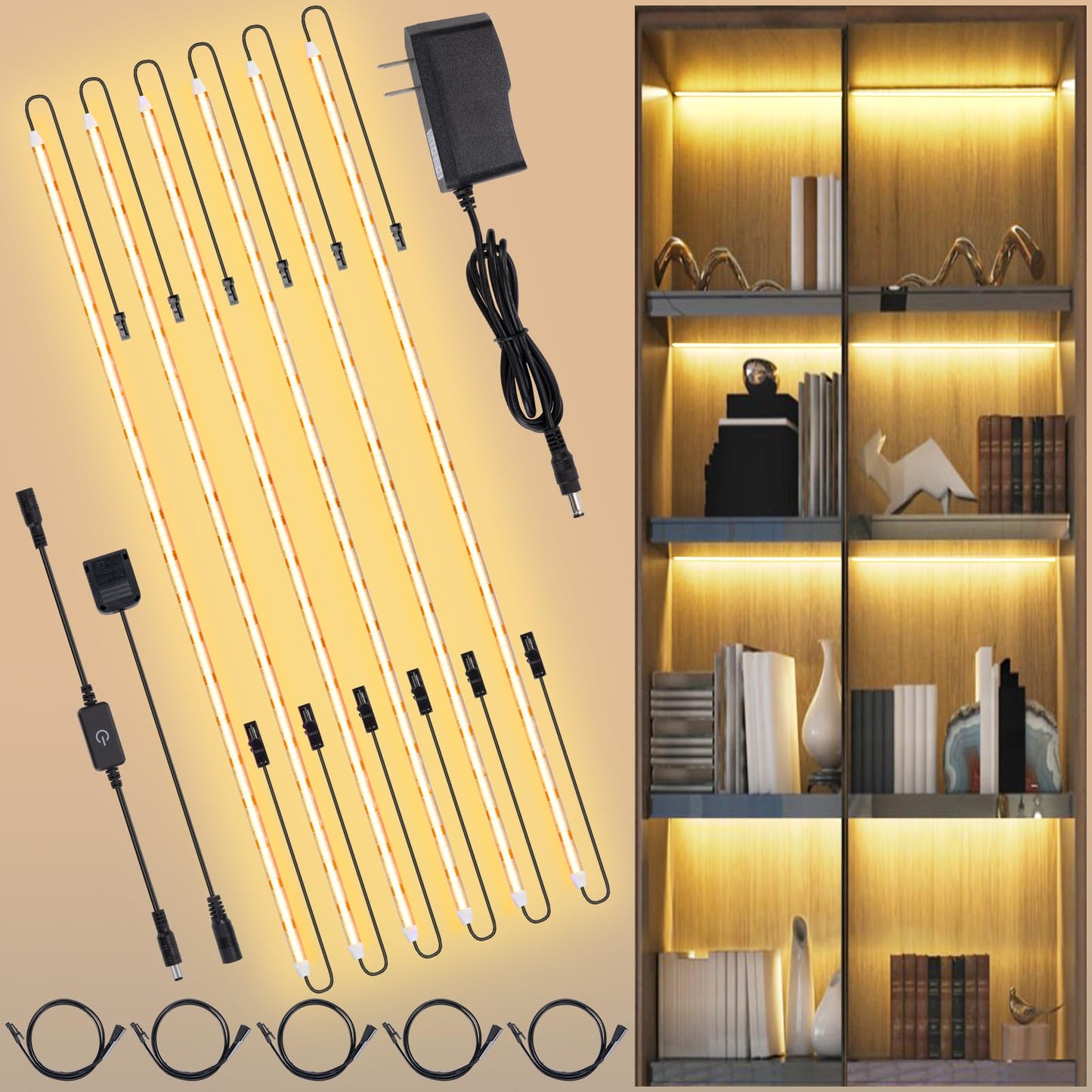 JUSJUBR Shelf Lights, 6 PCS 20 Inch Dimmable Flexible COB LED Light Strips, Warm White 3000K, LED Under Cabinet Lights for Display Case, Bookshelf, Kitchen, Wardrobe and Closet