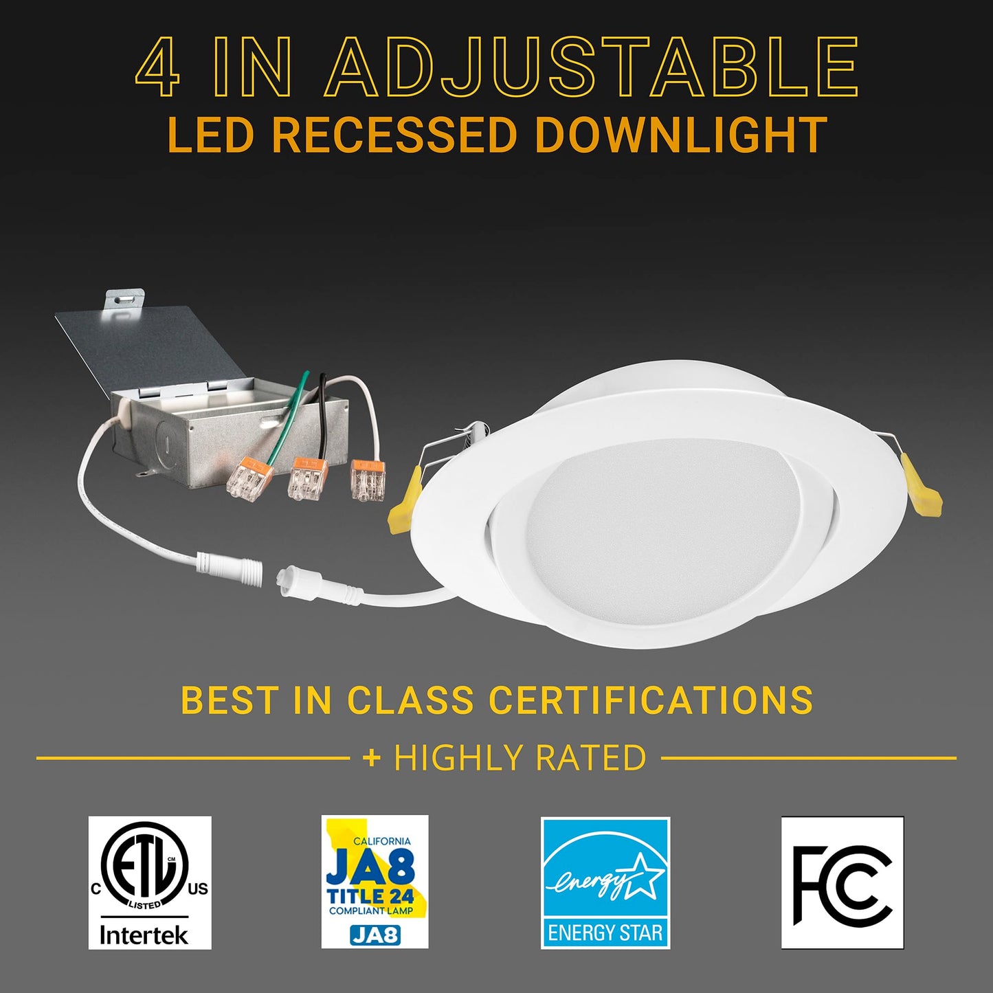 NUWATT 4 Inch Gimbal LED Recessed Lighting, 5CCT 2700K/3000K/3500K/4000K/5000K Selectable, 630 Lumen, Dimmable, Adjustable Pitched Canless Eyeball Lights for Sloped Ceilings, Metal Junction Box, 6 PK