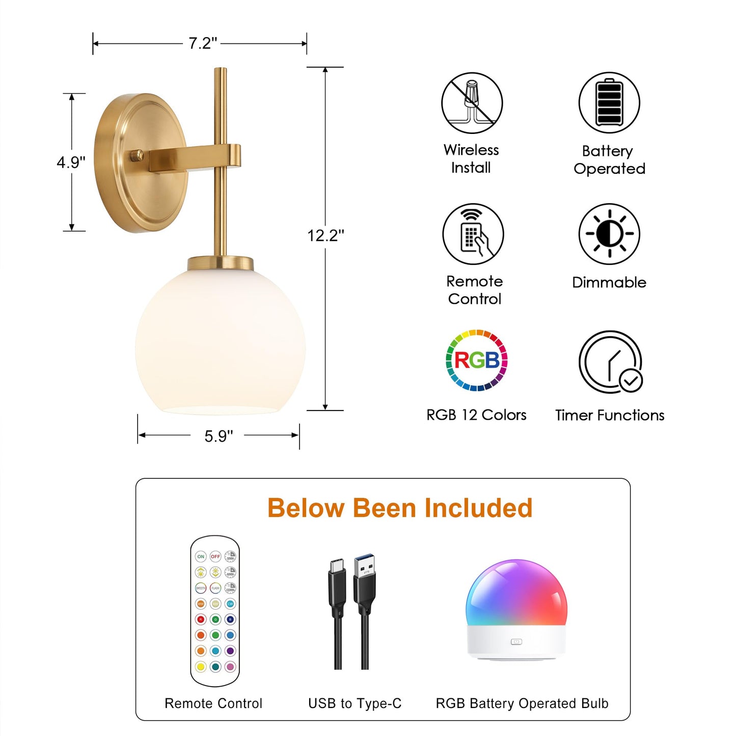 Gold Battery Operated Wall Sconce Set of 2, Wireless Rechargeable Sconces Wall Lighting with Remote Control, LED Dimmable Wall Lights with Opal White Glass Shade, 12 Colors RGB & 3 CCT Bulb